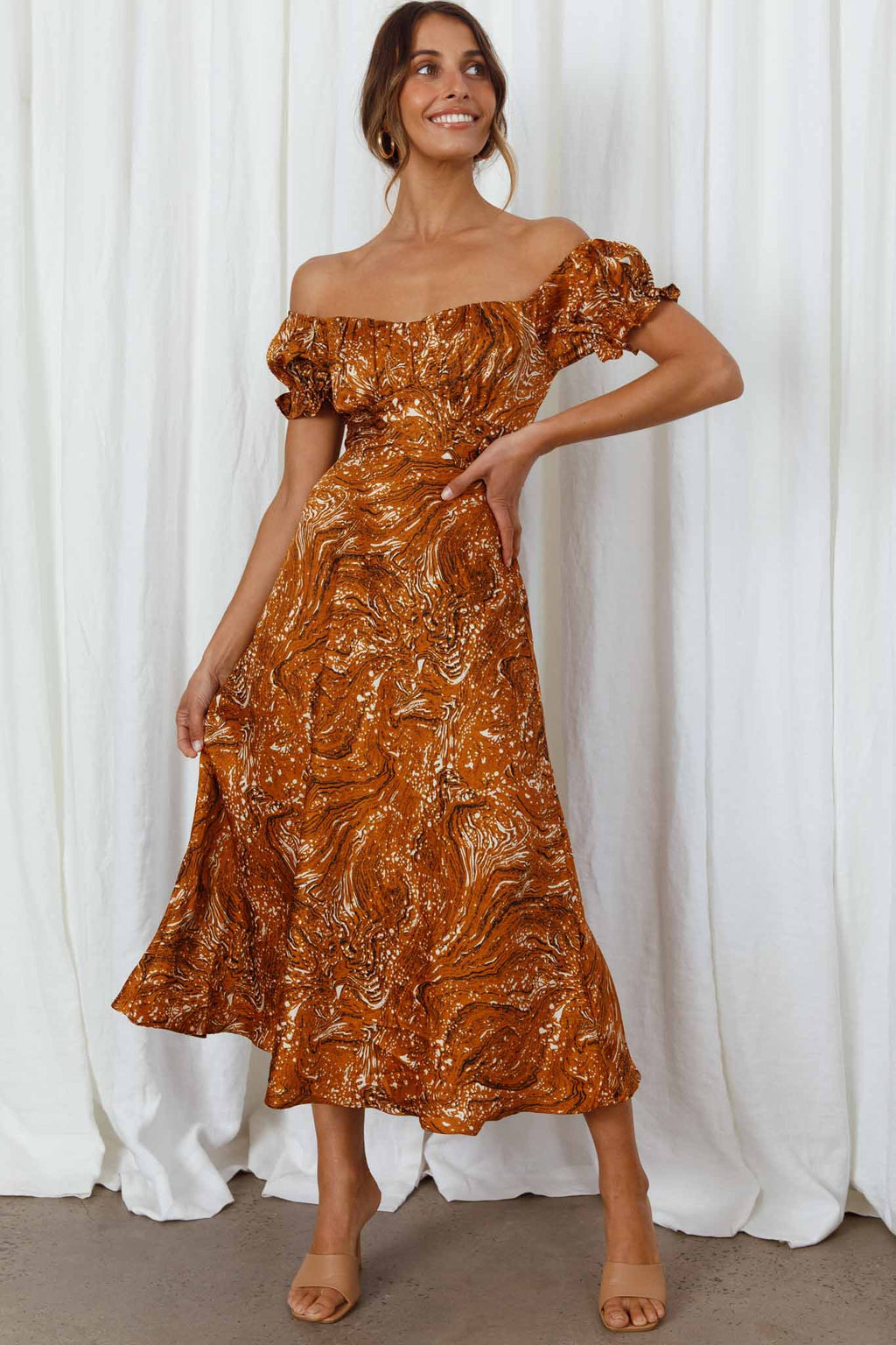 Linka Off-Shoulder Tie Back Midi Dress Marbled Print Mustard by Selfie Leslie