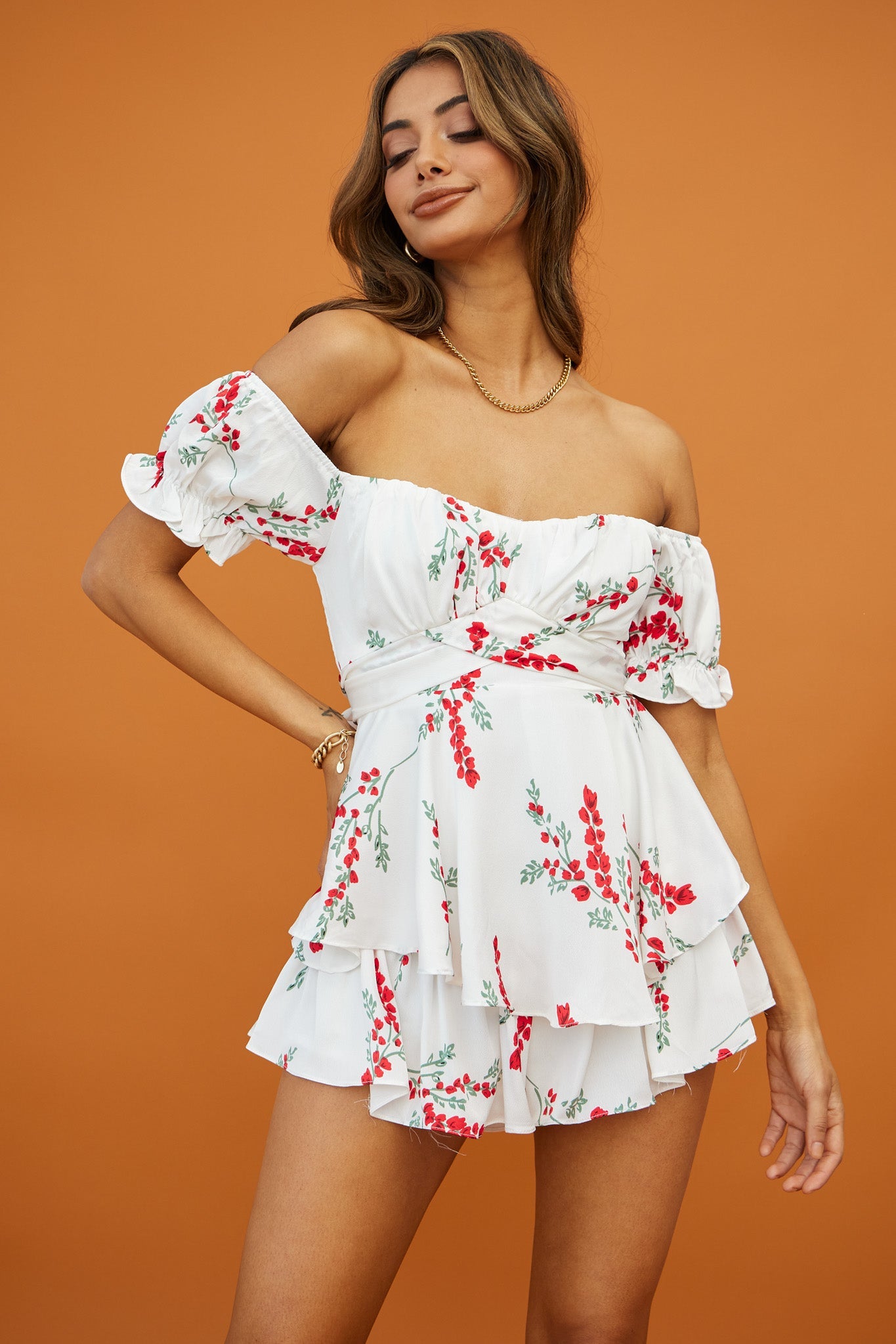 Linka Off-Shoulder Tie Back Romper Floral Spring Print White by Selfie Leslie