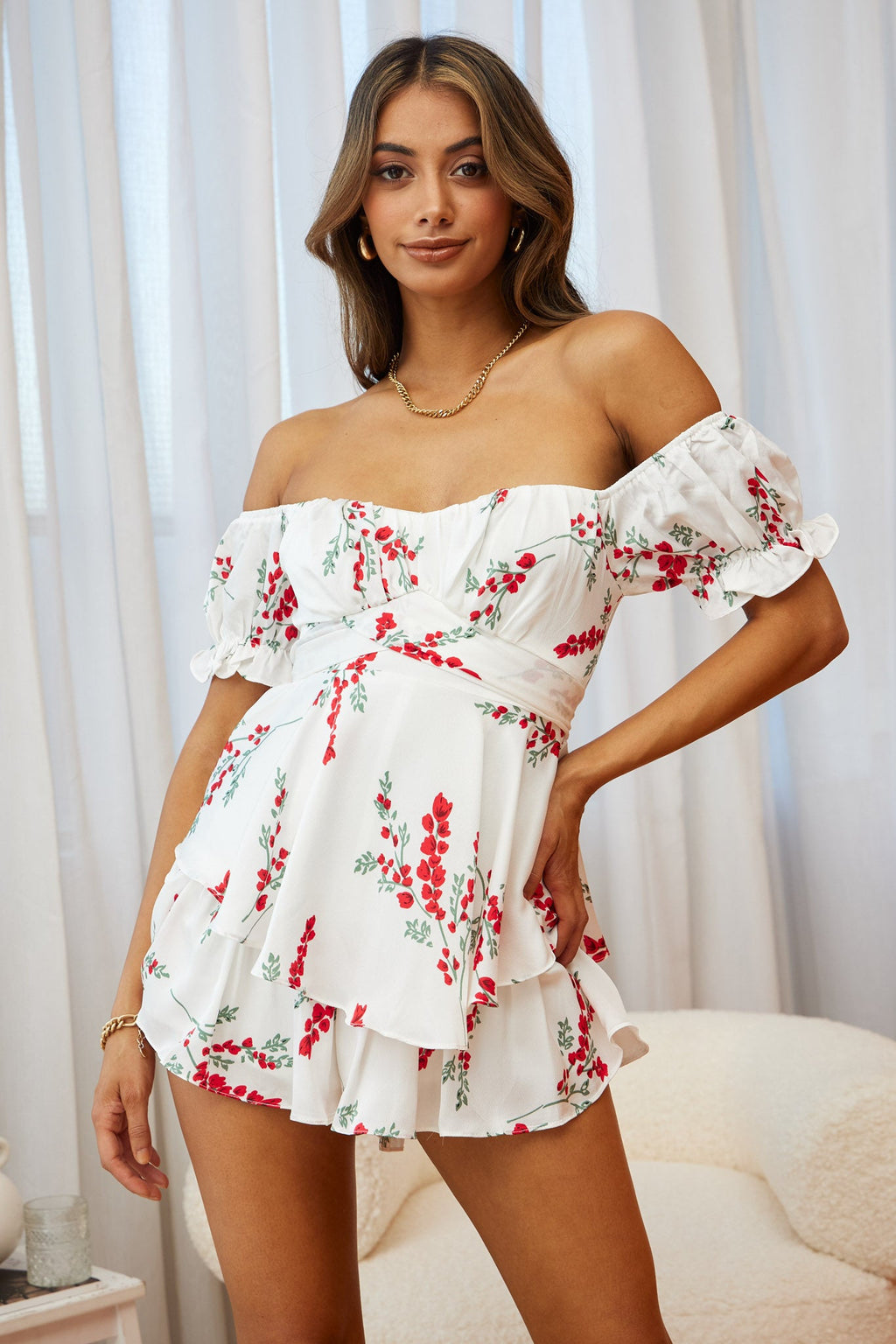 Linka Off-Shoulder Tie Back Romper Floral Spring Print White by Selfie Leslie