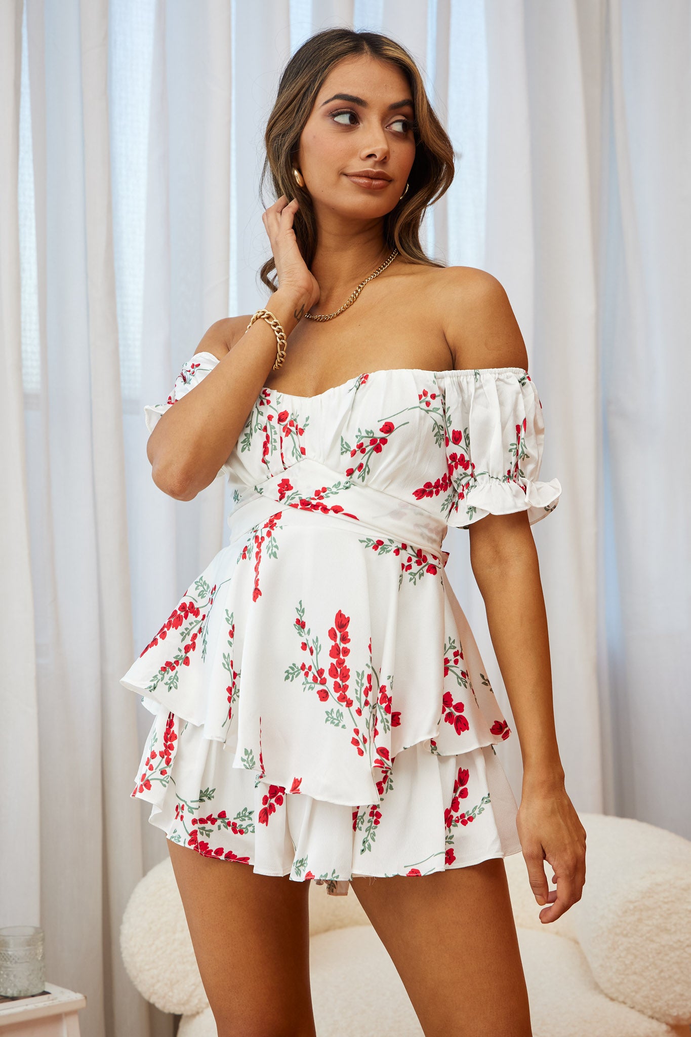 Shop the Linka Off-Shoulder Tie Back Romper Floral Spring Print White