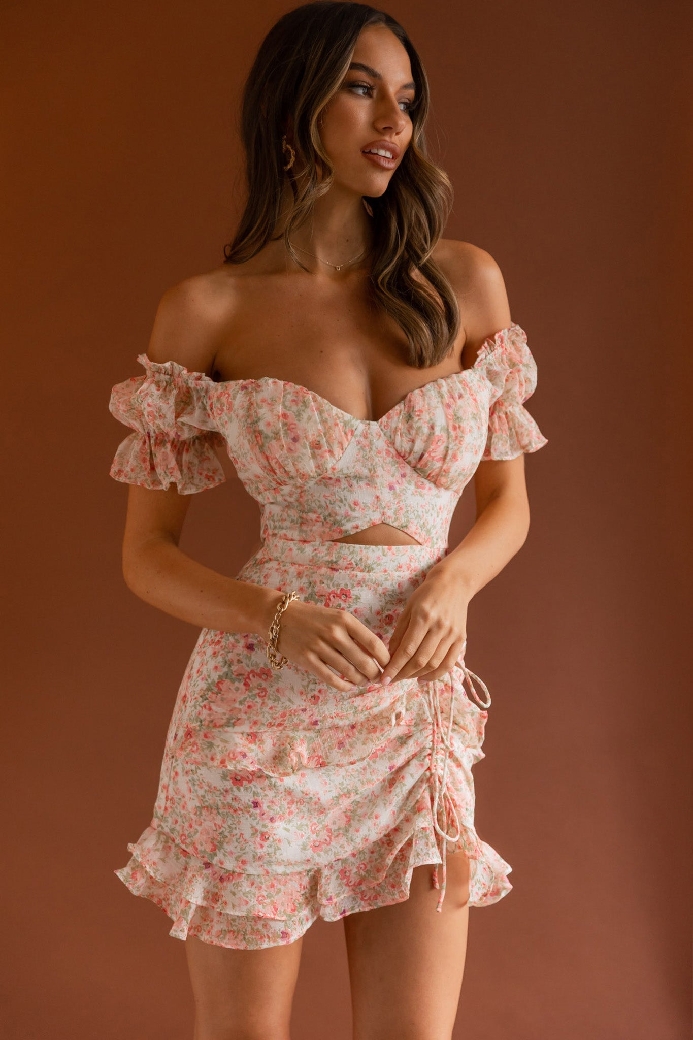 Linka Drawstring Detail Frill Dress Floral Blush by Selfie Leslie