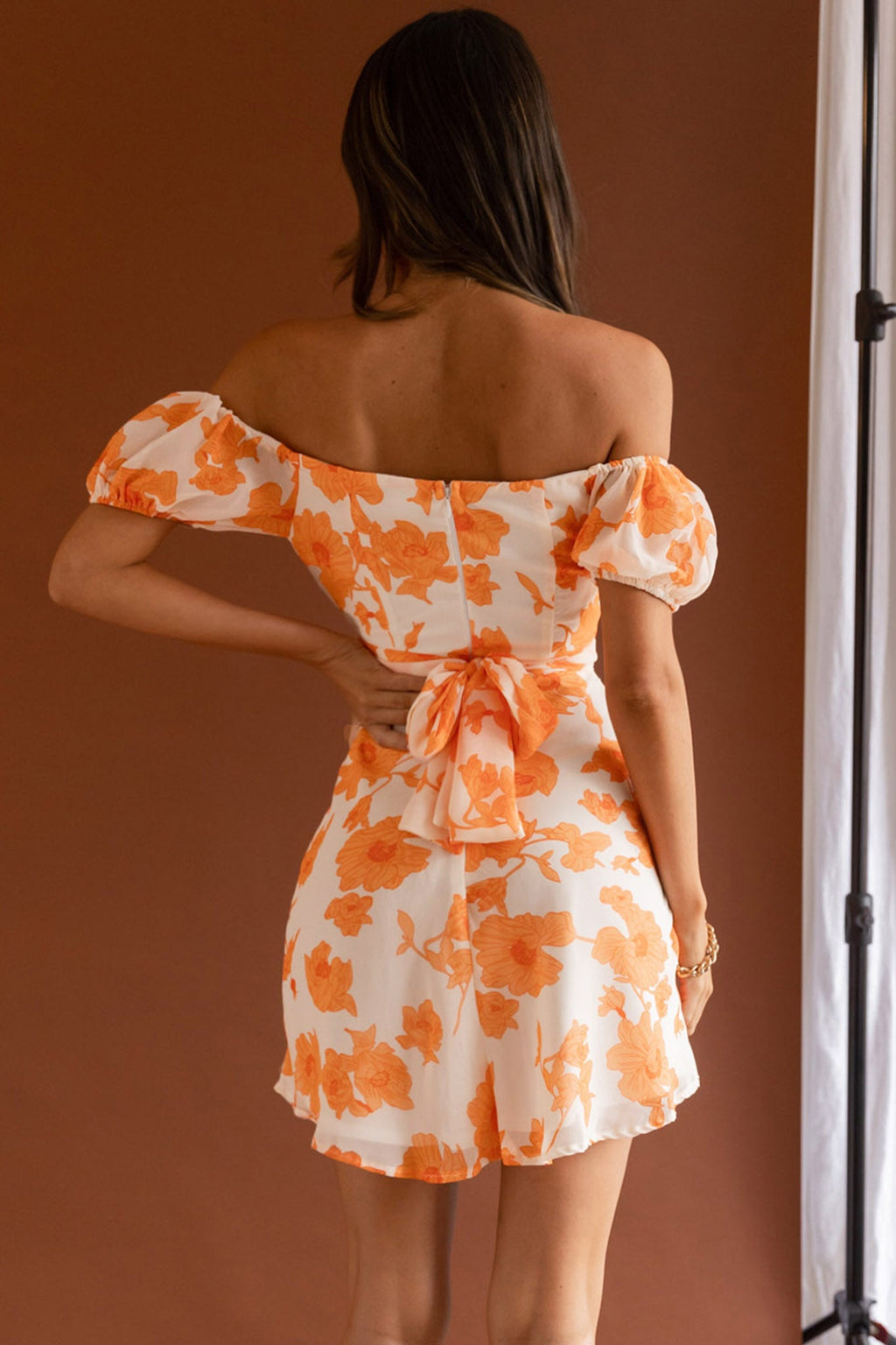 Linka Puff Sleeve Waist Tie Dress Floral Orange by Selfie Leslie