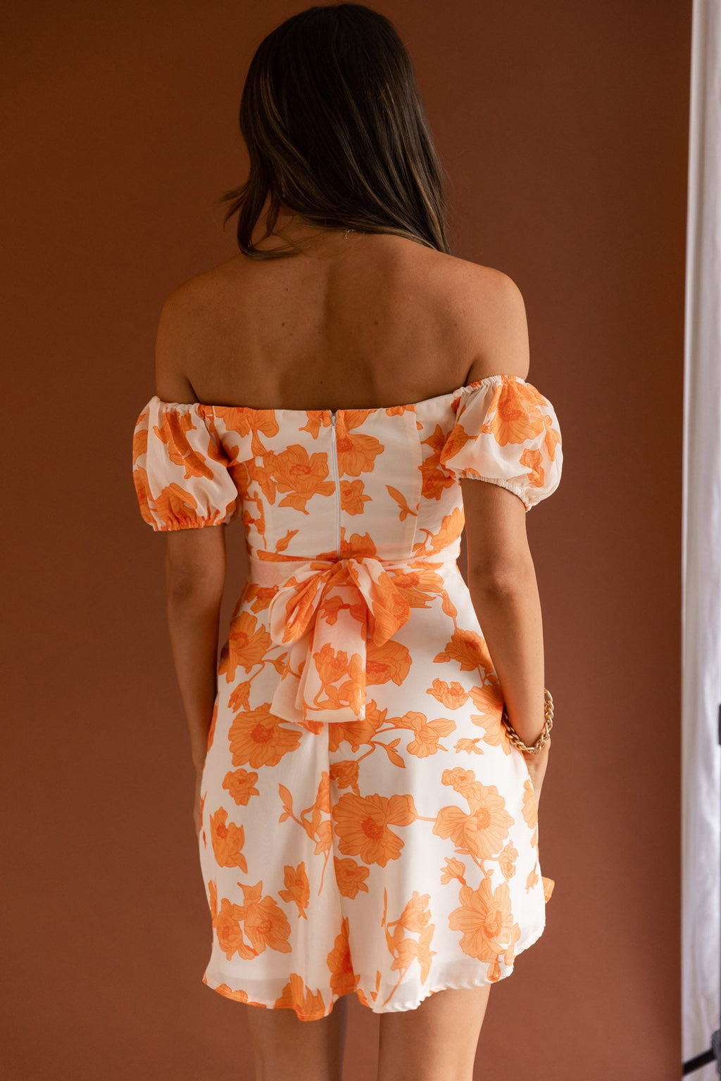 Linka Puff Sleeve Waist Tie Dress Floral Orange by Selfie Leslie