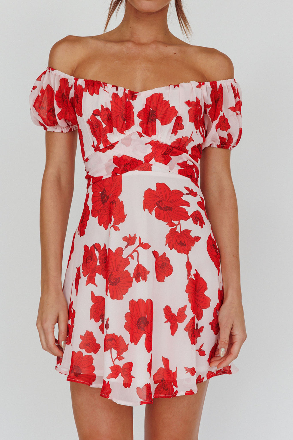 Linka Puff Sleeve Waist Tie Dress Floral Red by Selfie Leslie Australia