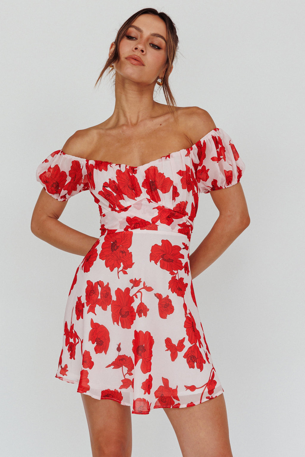 Linka Puff Sleeve Waist Tie Dress Floral Red by Selfie Leslie Australia