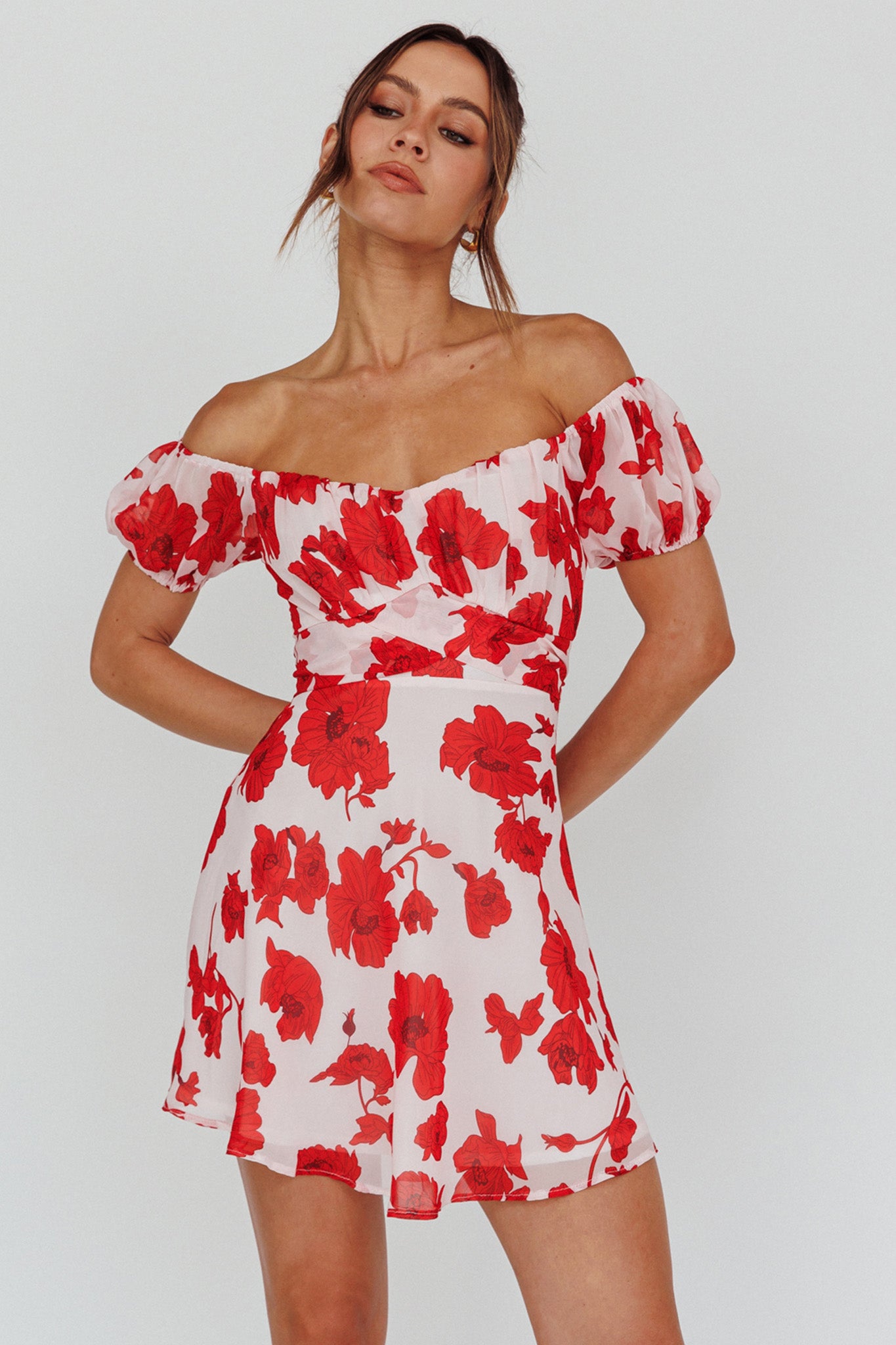 Linka Puff Sleeve Waist Tie Dress Floral Red by Selfie Leslie Australia