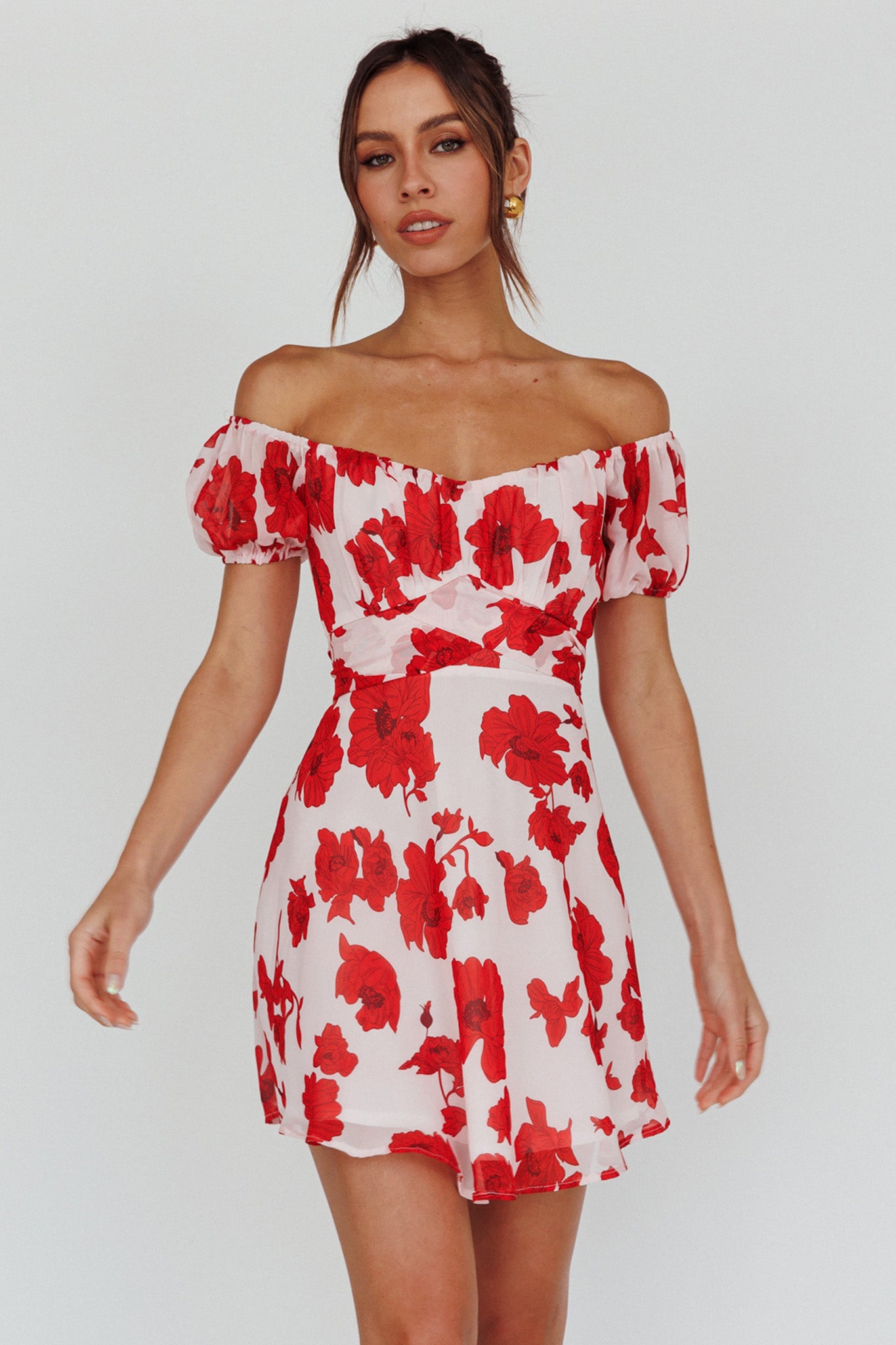 Linka Puff Sleeve Waist Tie Dress Floral Red by Selfie Leslie Australia