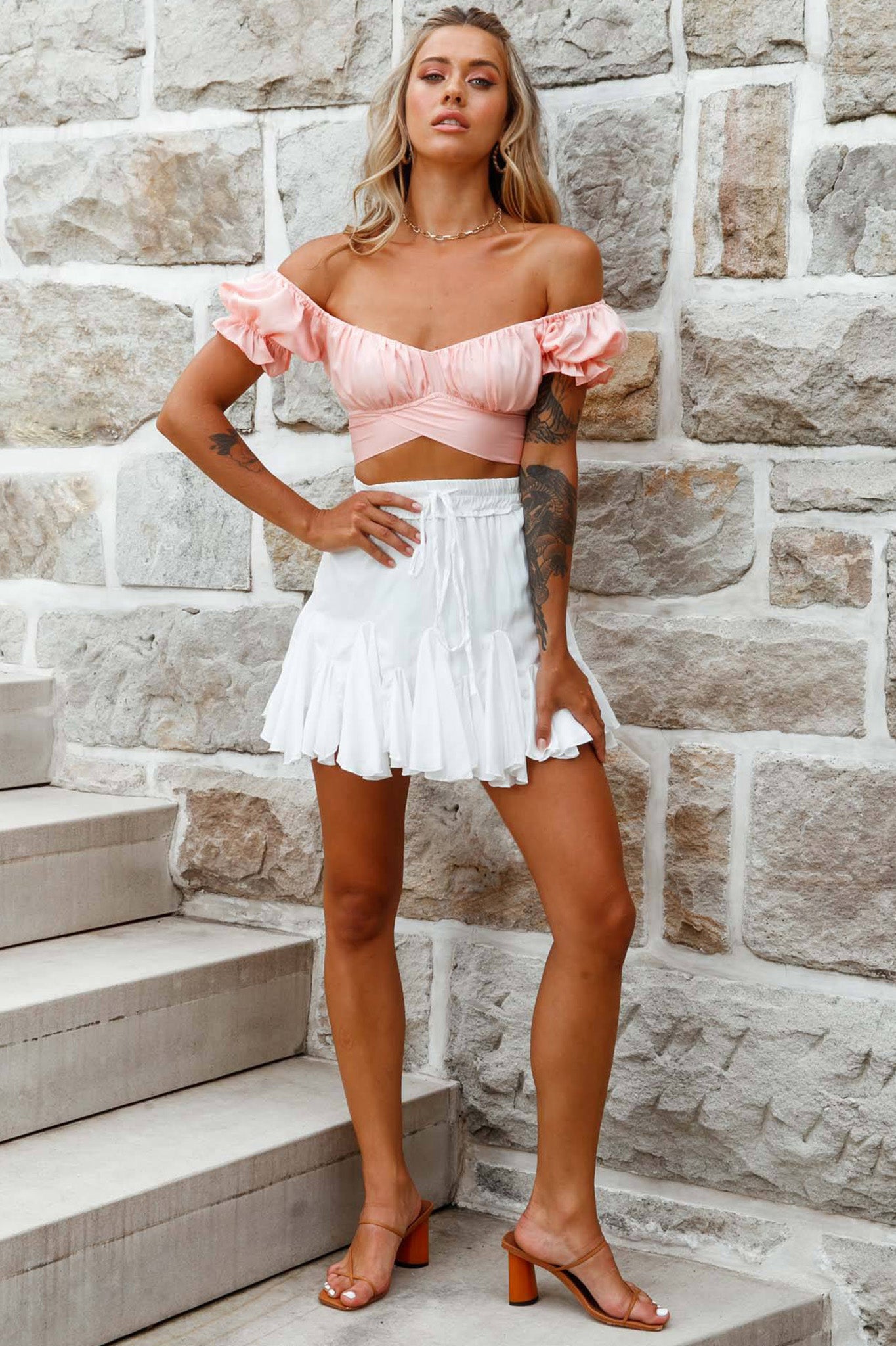 Linka Off-Shoulder Tie-Back Crop Top Blush by Selfie Leslie