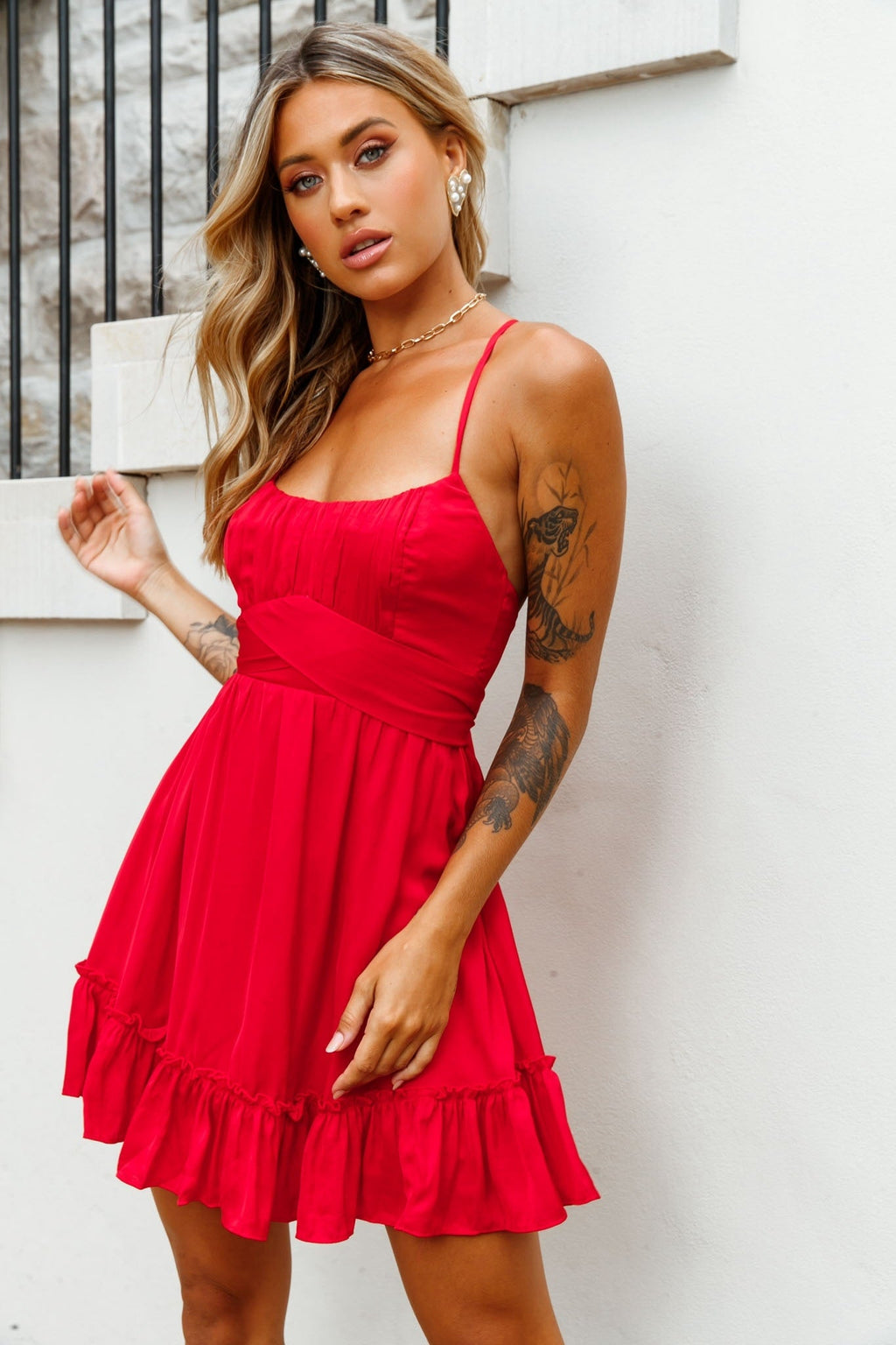 Linka Ruched Bust Criss-Cross Back Dress Red by Selfie Leslie