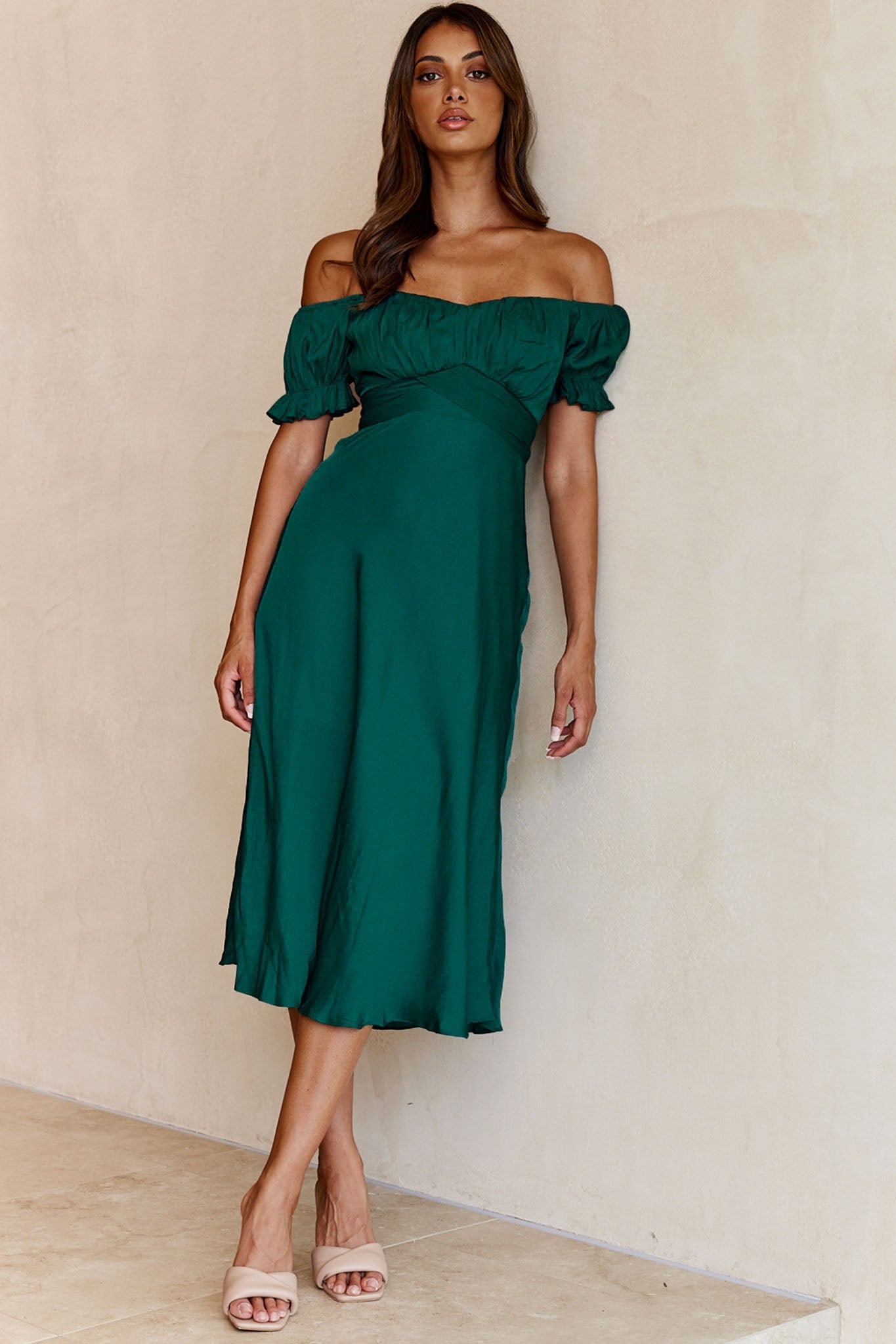 Linka Off-Shoulder Tie Back Midi Dress Forest Green by Selfie Leslie