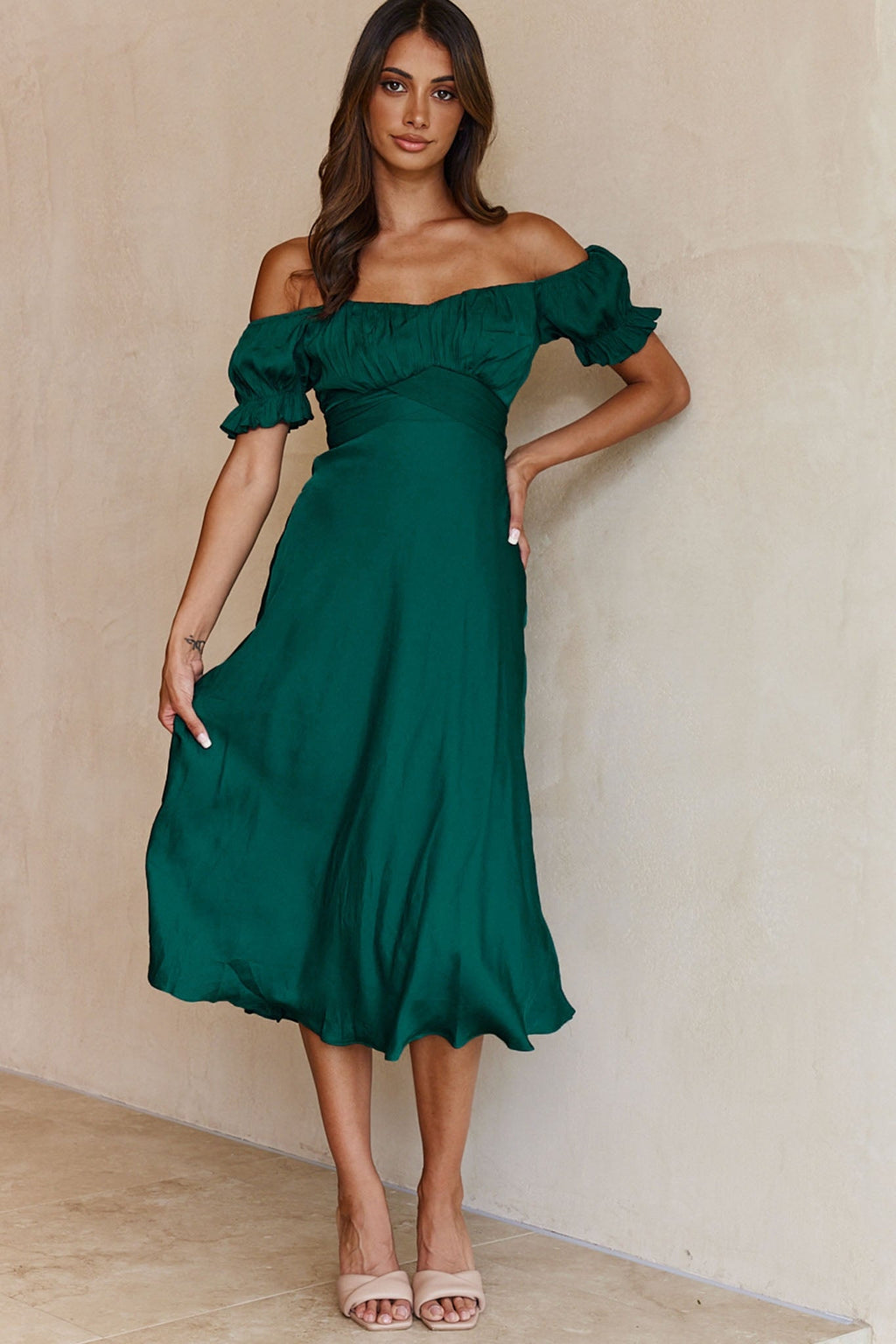 Linka Off-Shoulder Tie Back Midi Dress Forest Green by Selfie Leslie