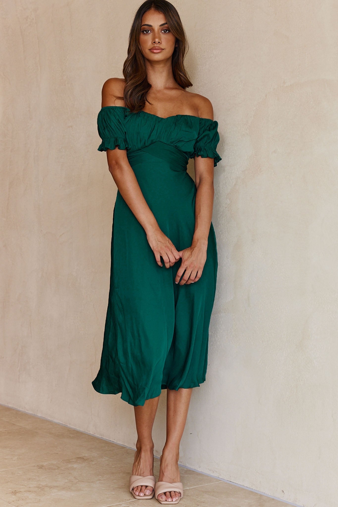Linka Off-Shoulder Tie Back Midi Dress Forest Green by Selfie Leslie