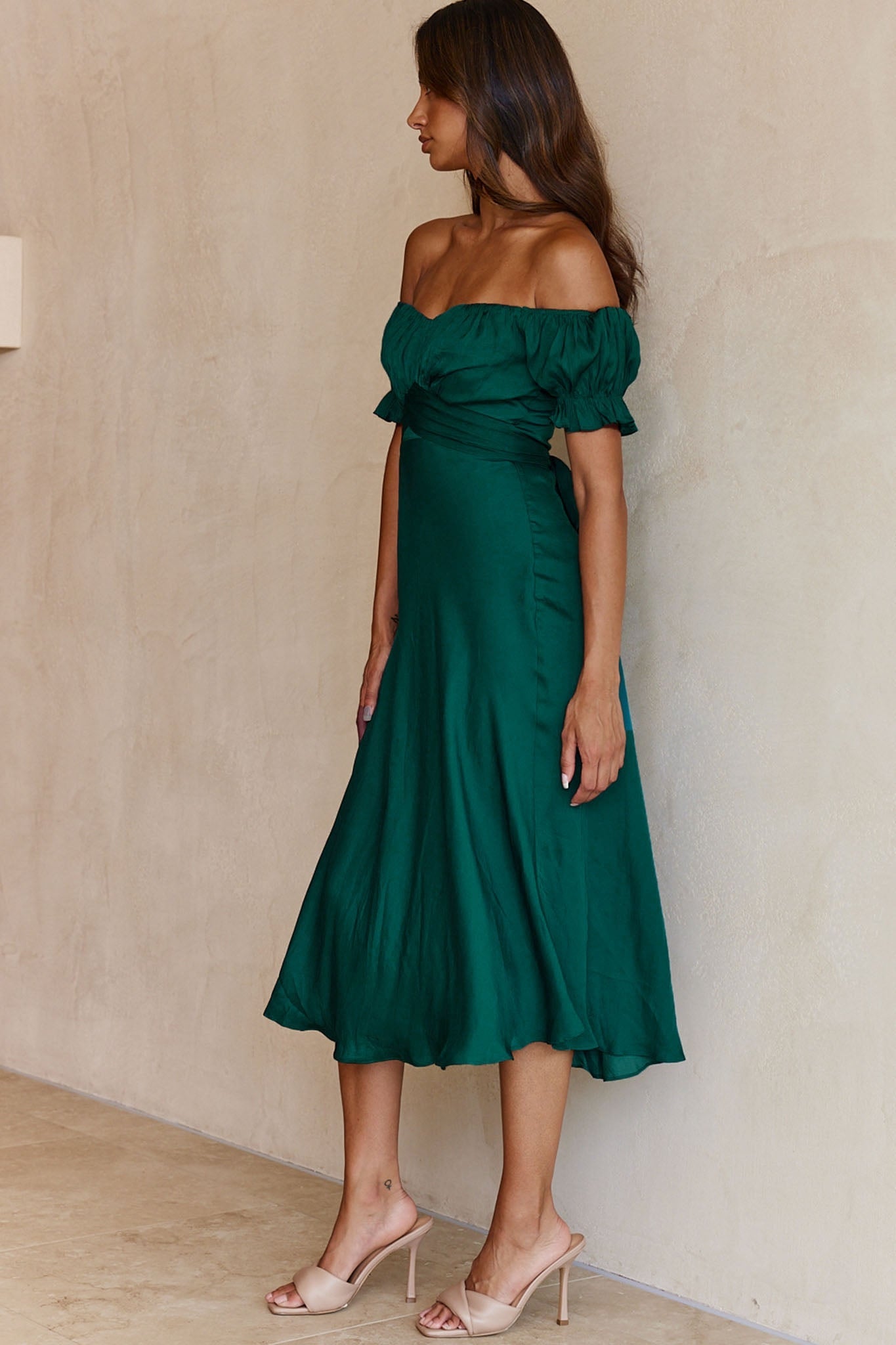 Linka Off-Shoulder Tie Back Midi Dress Forest Green by Selfie Leslie