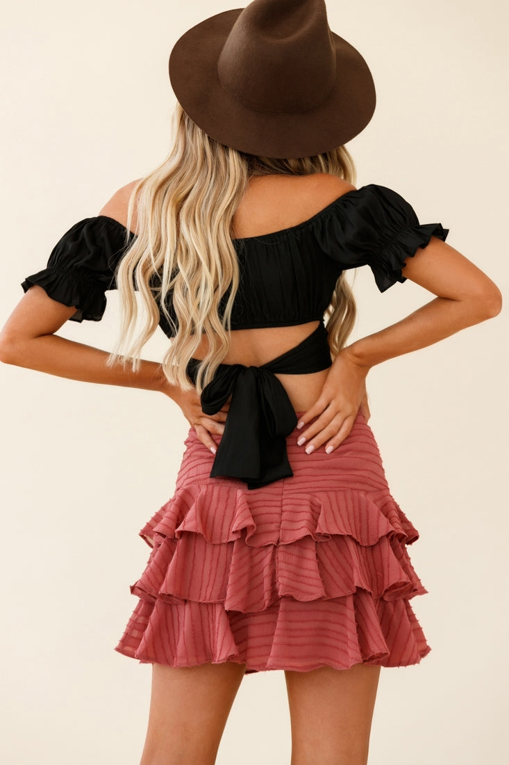 Linka Off-Shoulder Tie-Back Crop Top Black by Selfie Leslie