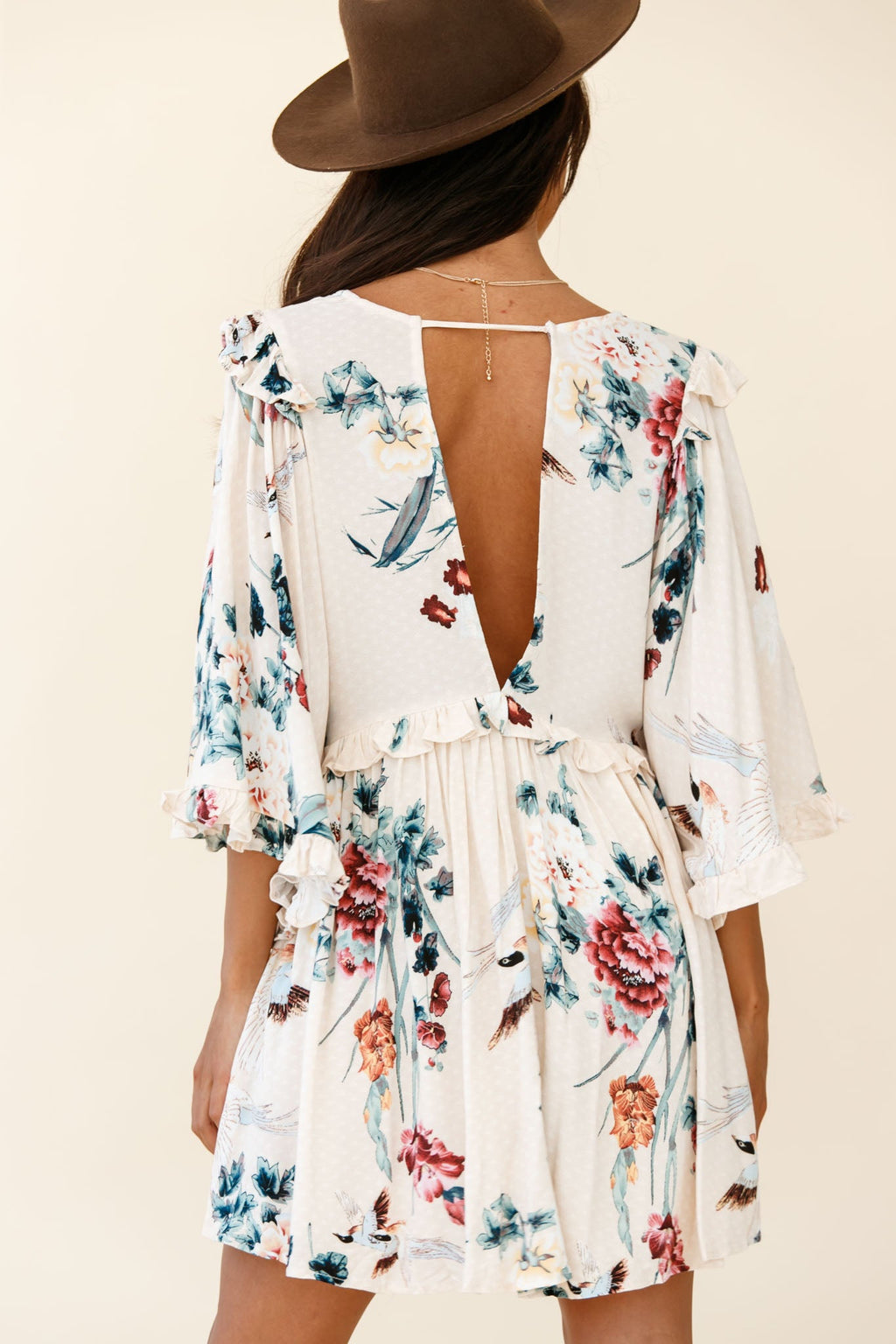 Lynette Loose Fit Angel Sleeve Dress Botanic Print Nude by Selfie Leslie