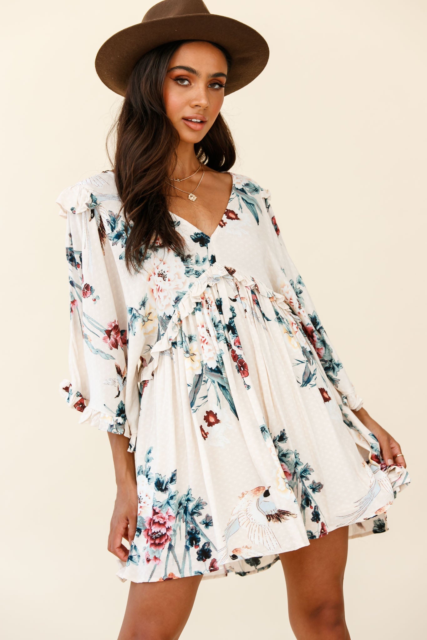Lynette Loose Fit Angel Sleeve Dress Botanic Print Nude by Selfie Leslie