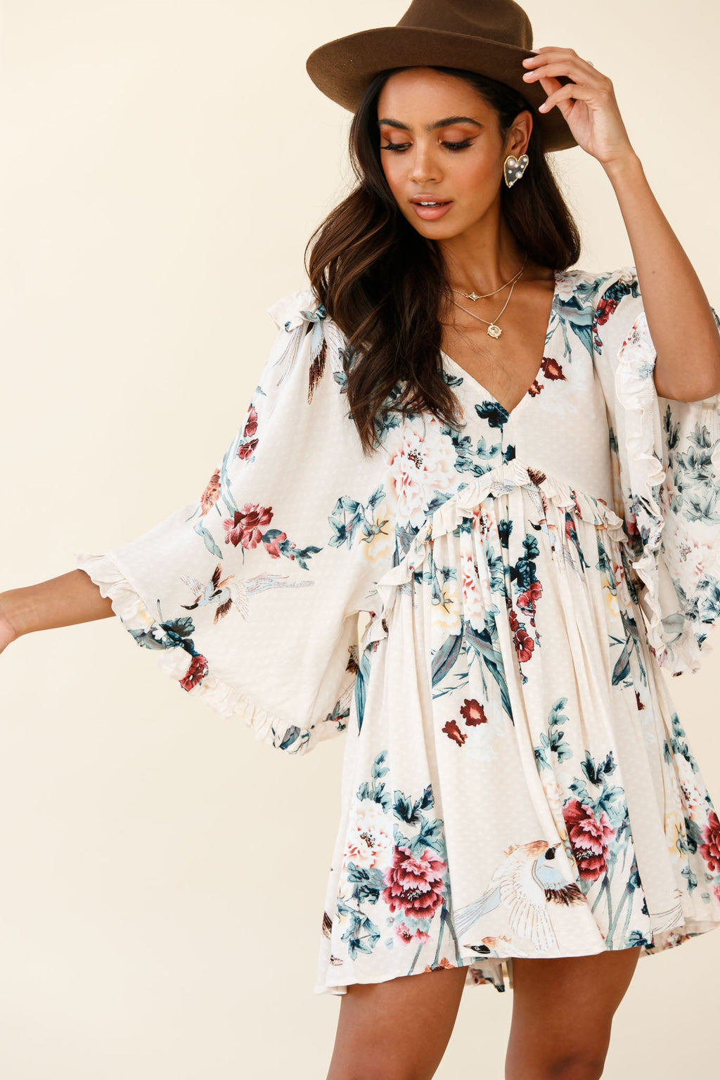 Lynette Loose Fit Angel Sleeve Dress Botanic Print Nude by Selfie Leslie