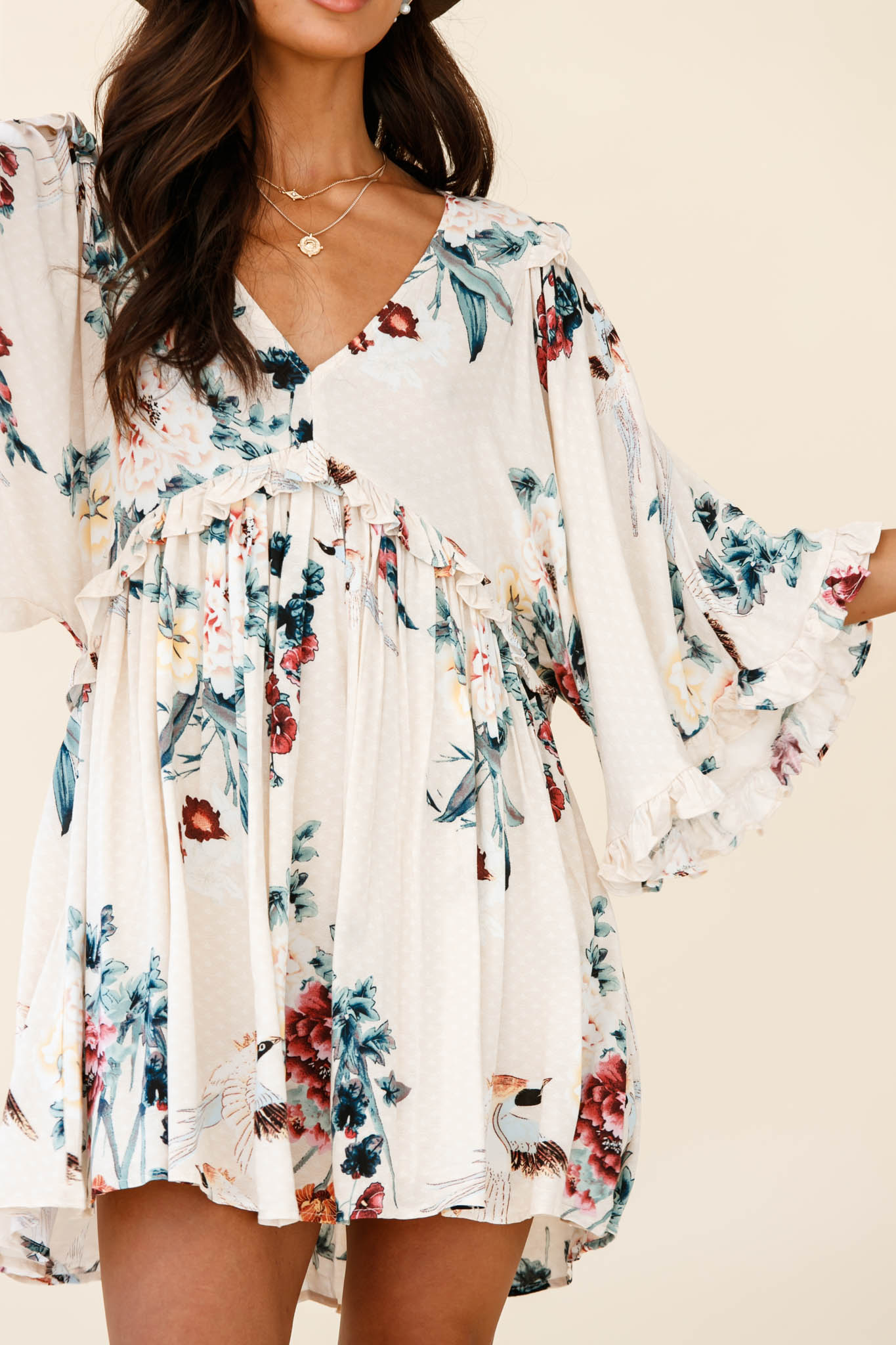 Lynette Loose Fit Angel Sleeve Dress Botanic Print Nude by Selfie Leslie