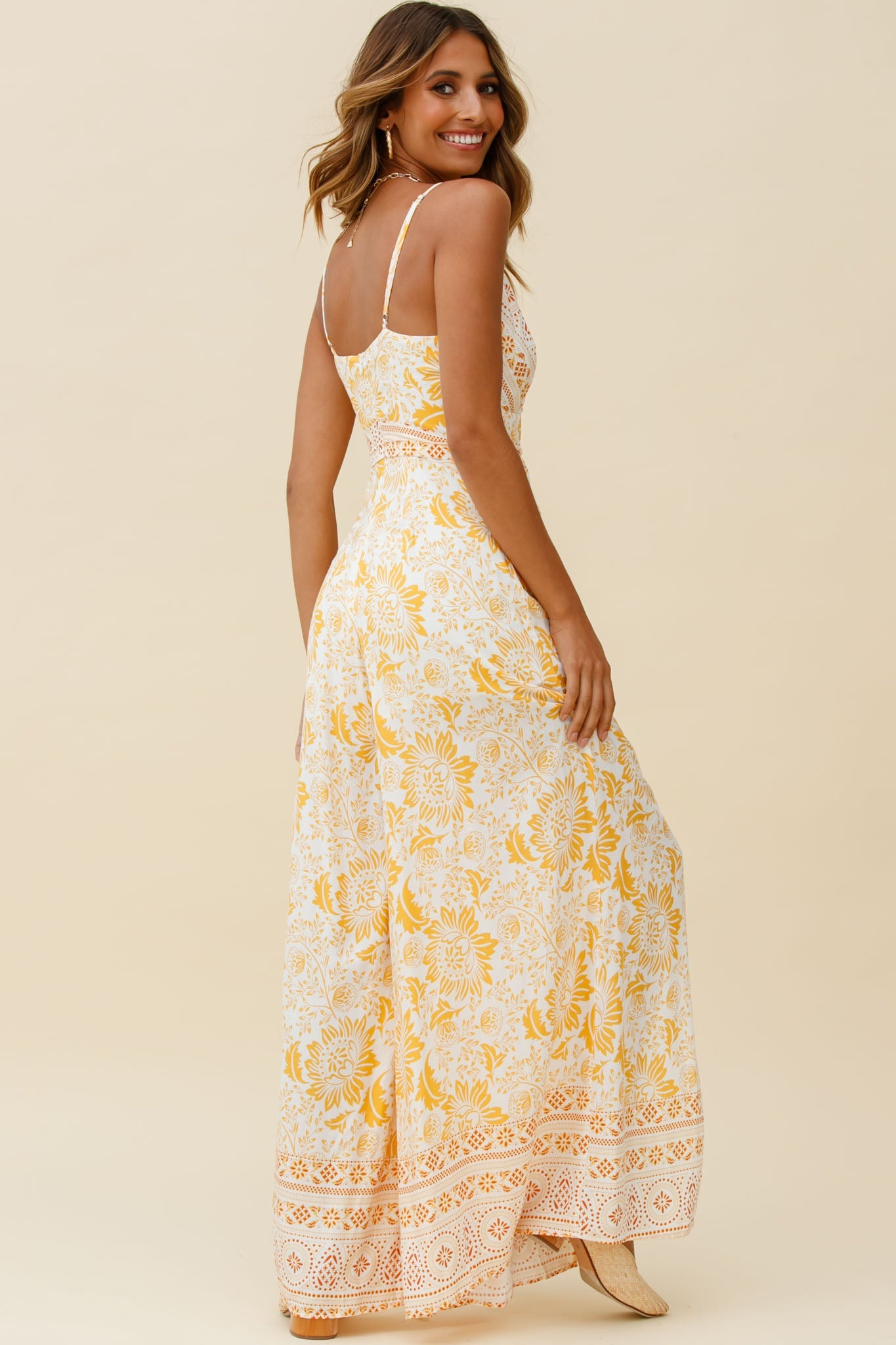 Taylor V-Neck Split Wide Leg Jumpsuit Stencil Print Yellow by Selfie Leslie