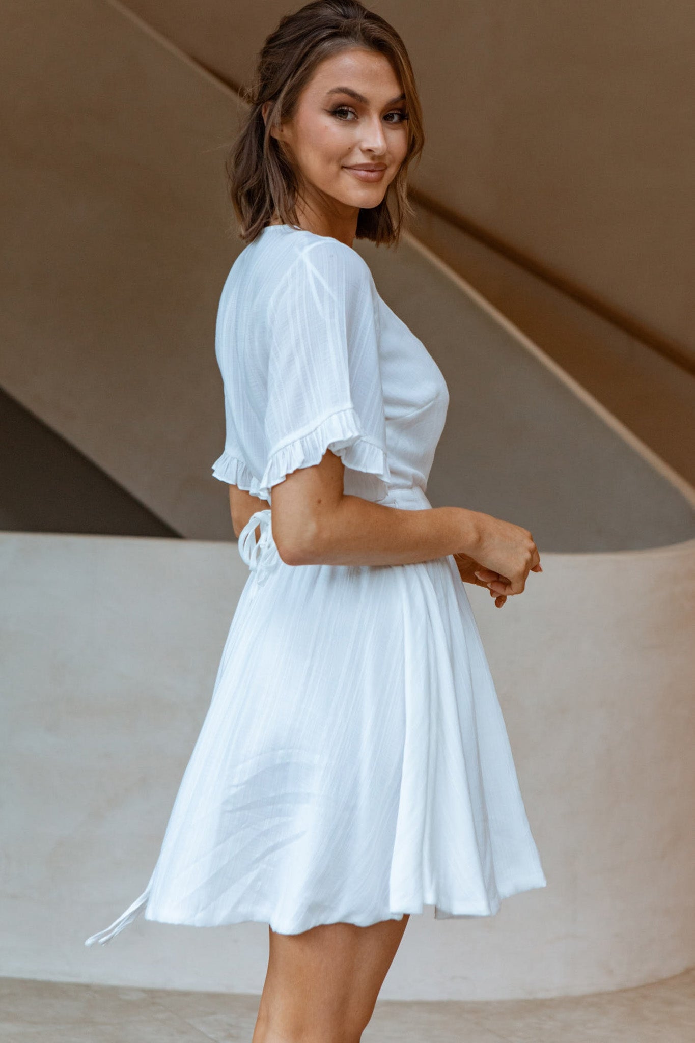 Cara Frill Trim Wrap Dress White by Selfie Leslie