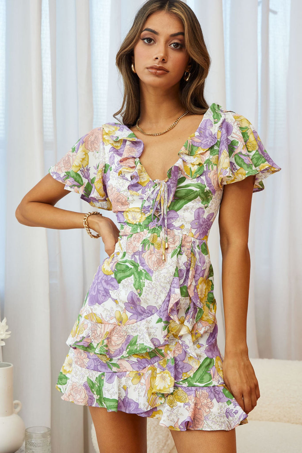 Kalina Ruffle Neckline Flutter Sleeve Mini Dress Floral Print Purple by Selfie Leslie