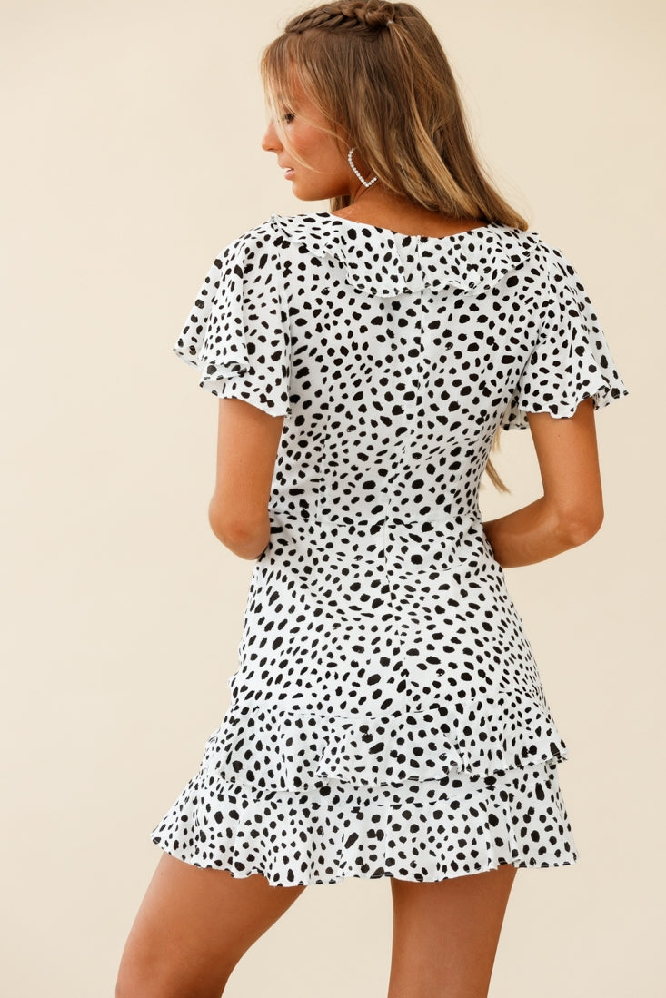 Kalina Ruffle Neckline Flutter Sleeve Mini Dress Spot Print White/Black by Selfie Leslie