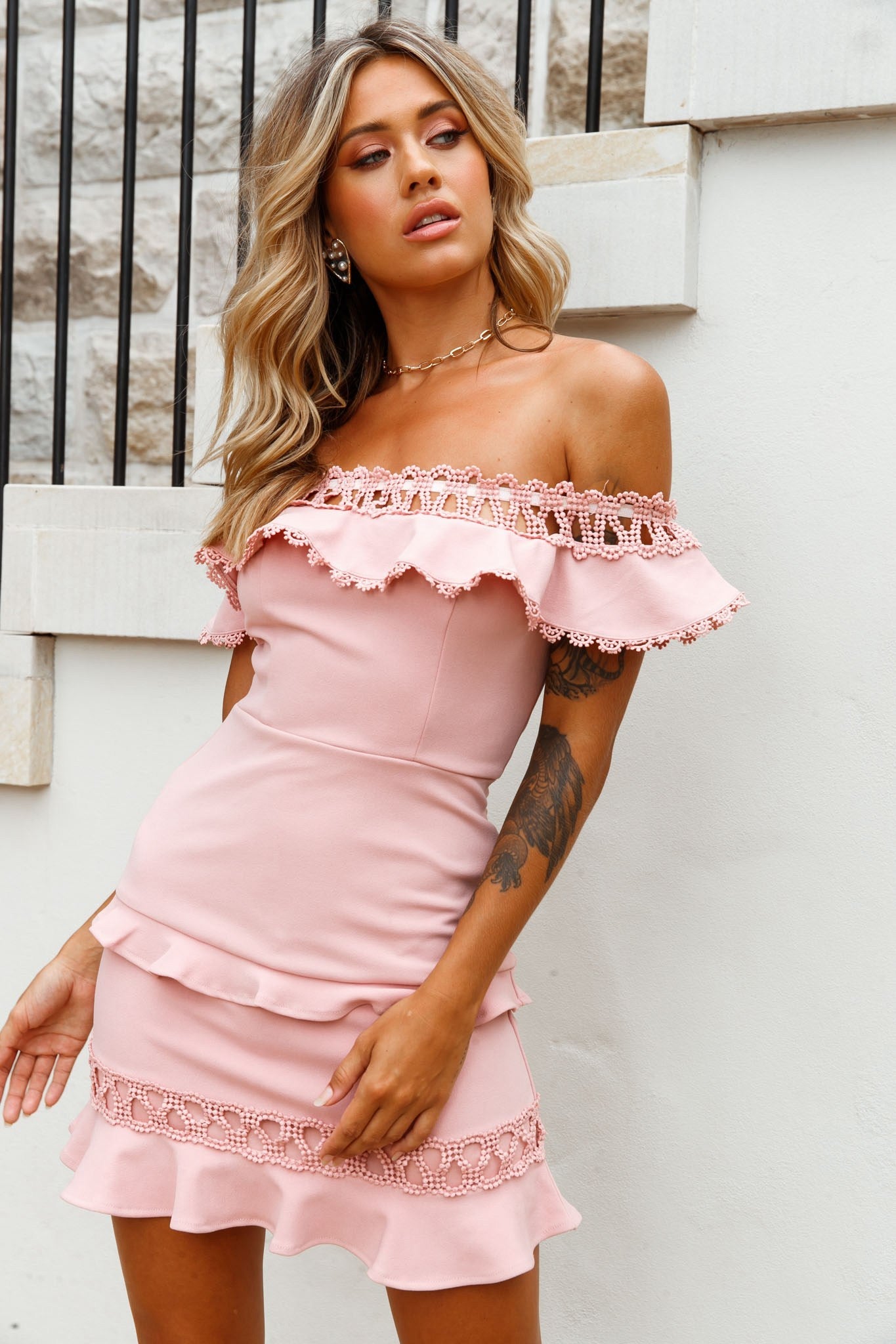 Maddie Off-Shoulder Lace Embroidery Dress Blush by Selfie Leslie