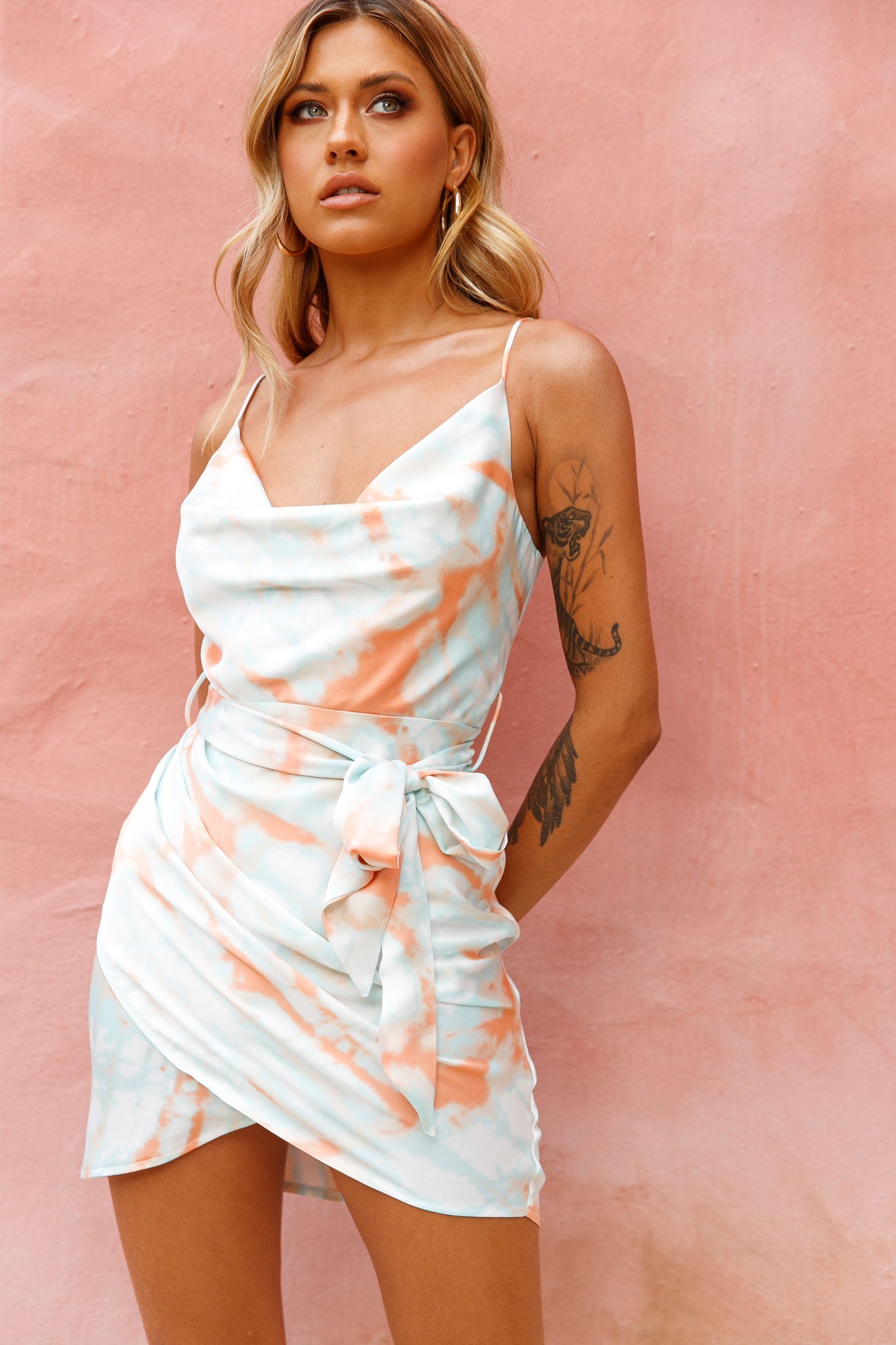 Bebe Satin Cowl Neck Wrap Dress Tie-Dye Orange by Selfie Leslie
