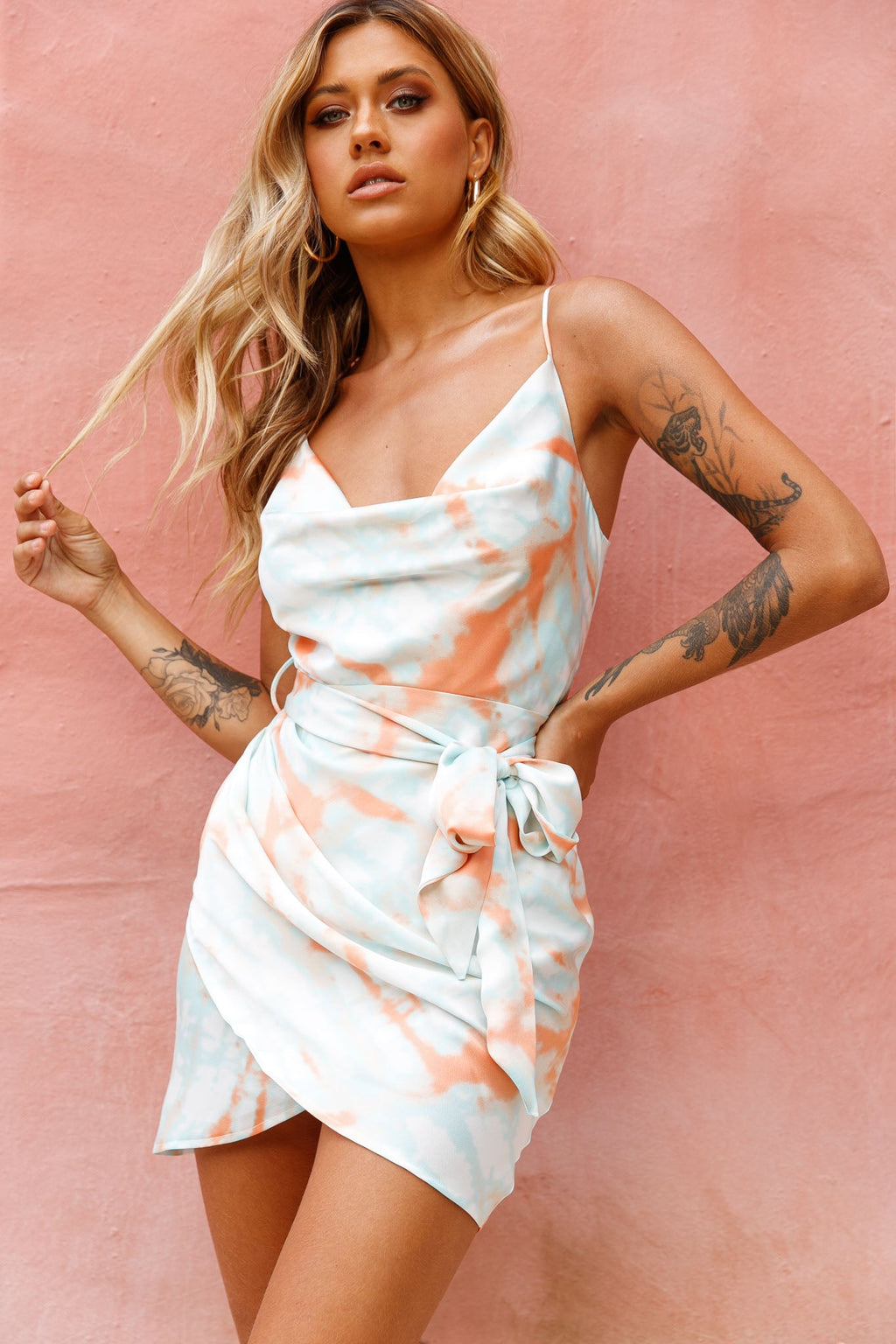 Bebe Satin Cowl Neck Wrap Dress Tie-Dye Orange by Selfie Leslie