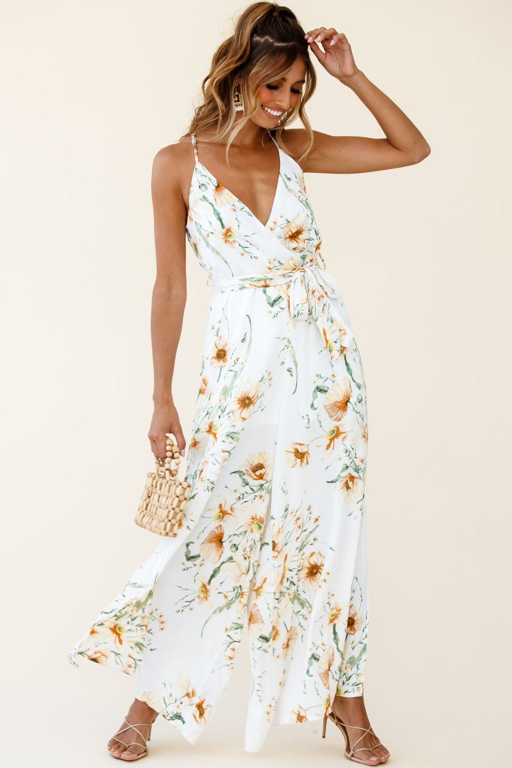 Miso Wide-Leg Cami Jumpsuit Floral Print White by Selfie Leslie