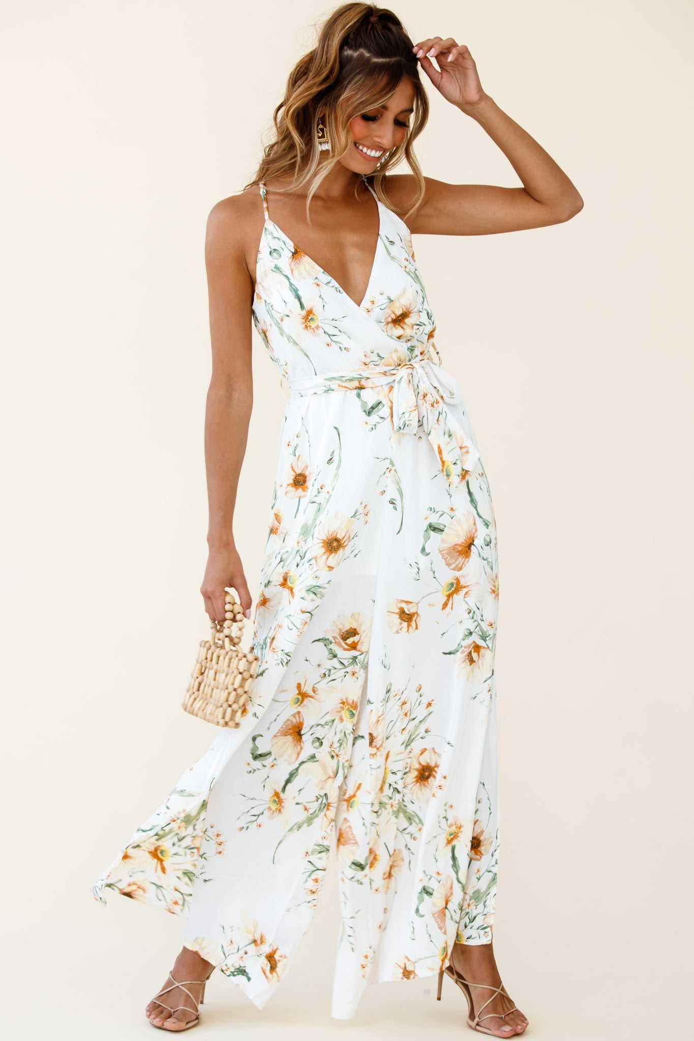 Miso Wide-Leg Cami Jumpsuit Floral Print White by Selfie Leslie