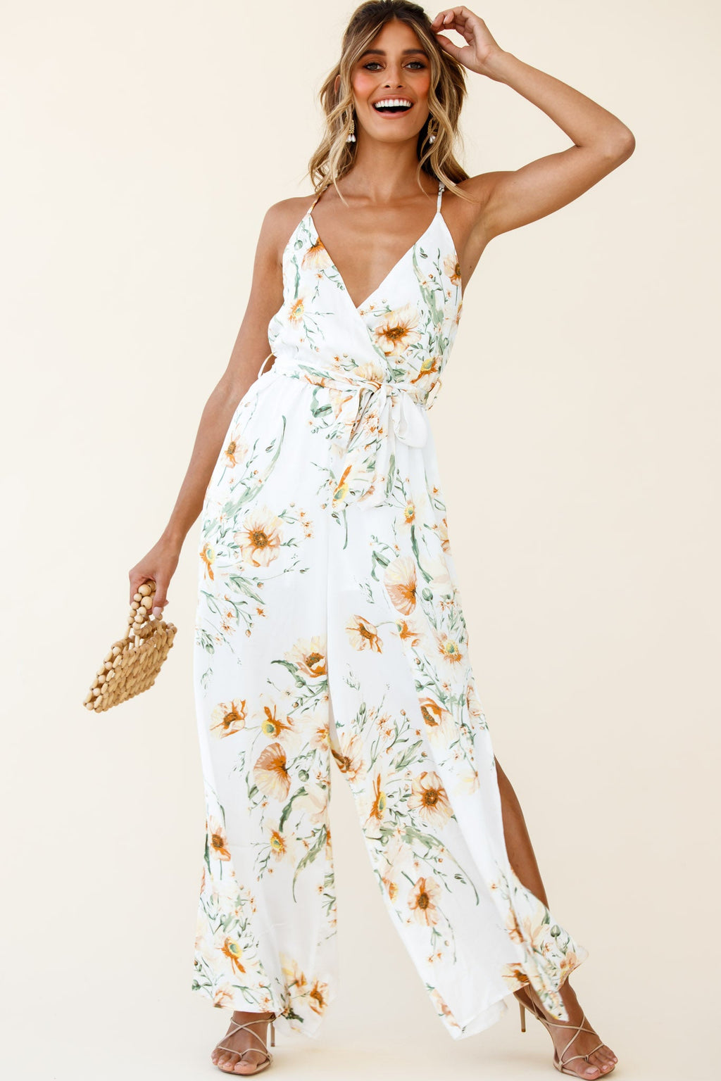 Miso Wide-Leg Cami Jumpsuit Floral Print White by Selfie Leslie