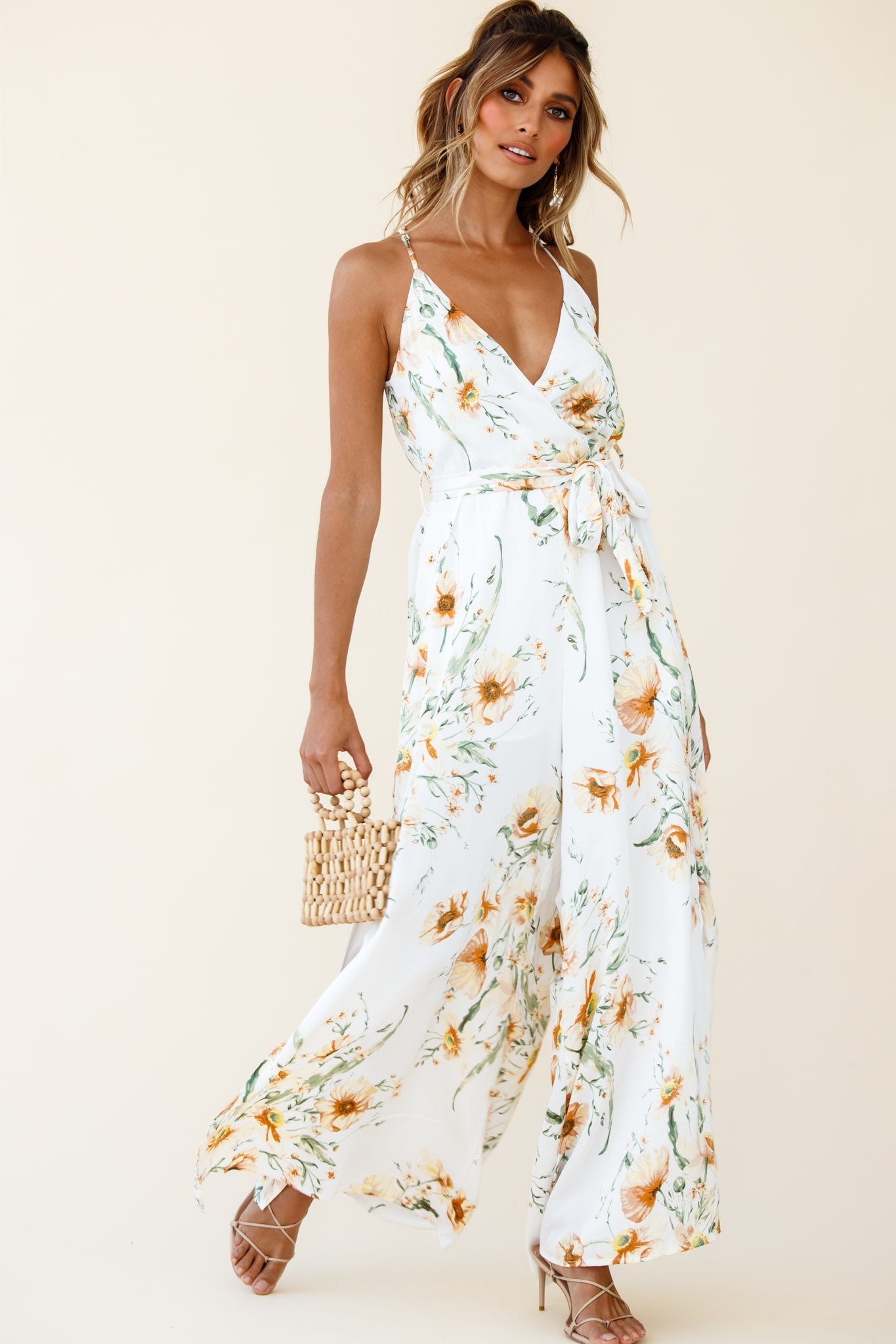 Miso Wide-Leg Cami Jumpsuit Floral Print White by Selfie Leslie