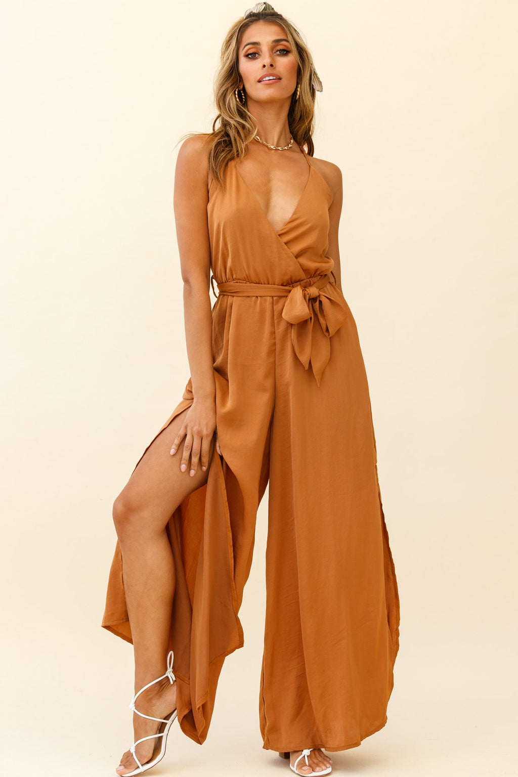 Miso Wide-Leg Cami Jumpsuit Tan by Selfie Leslie