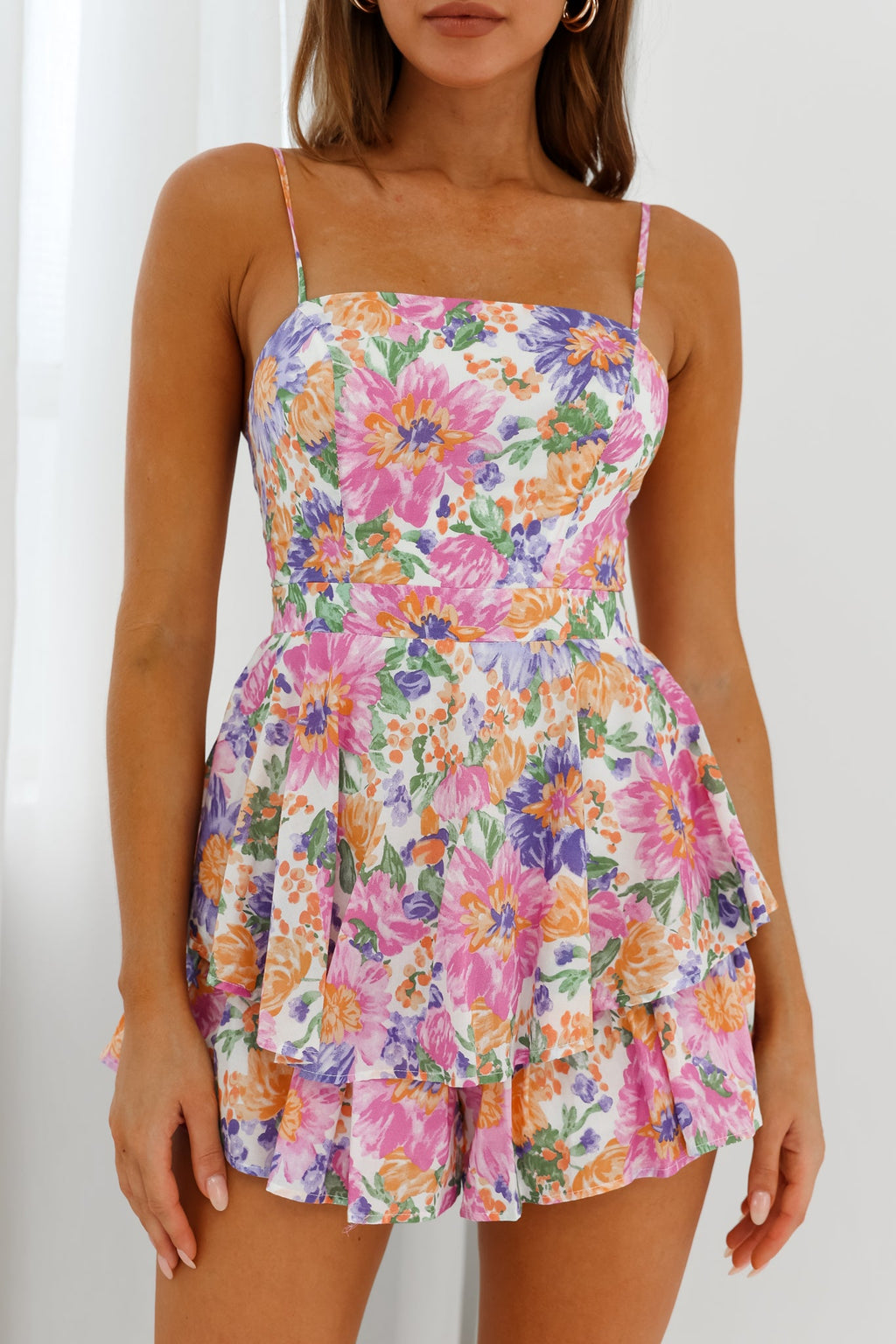 Alexandria Square Neckline Tie Back Romper Flower Print White Multi by Selfie Leslie