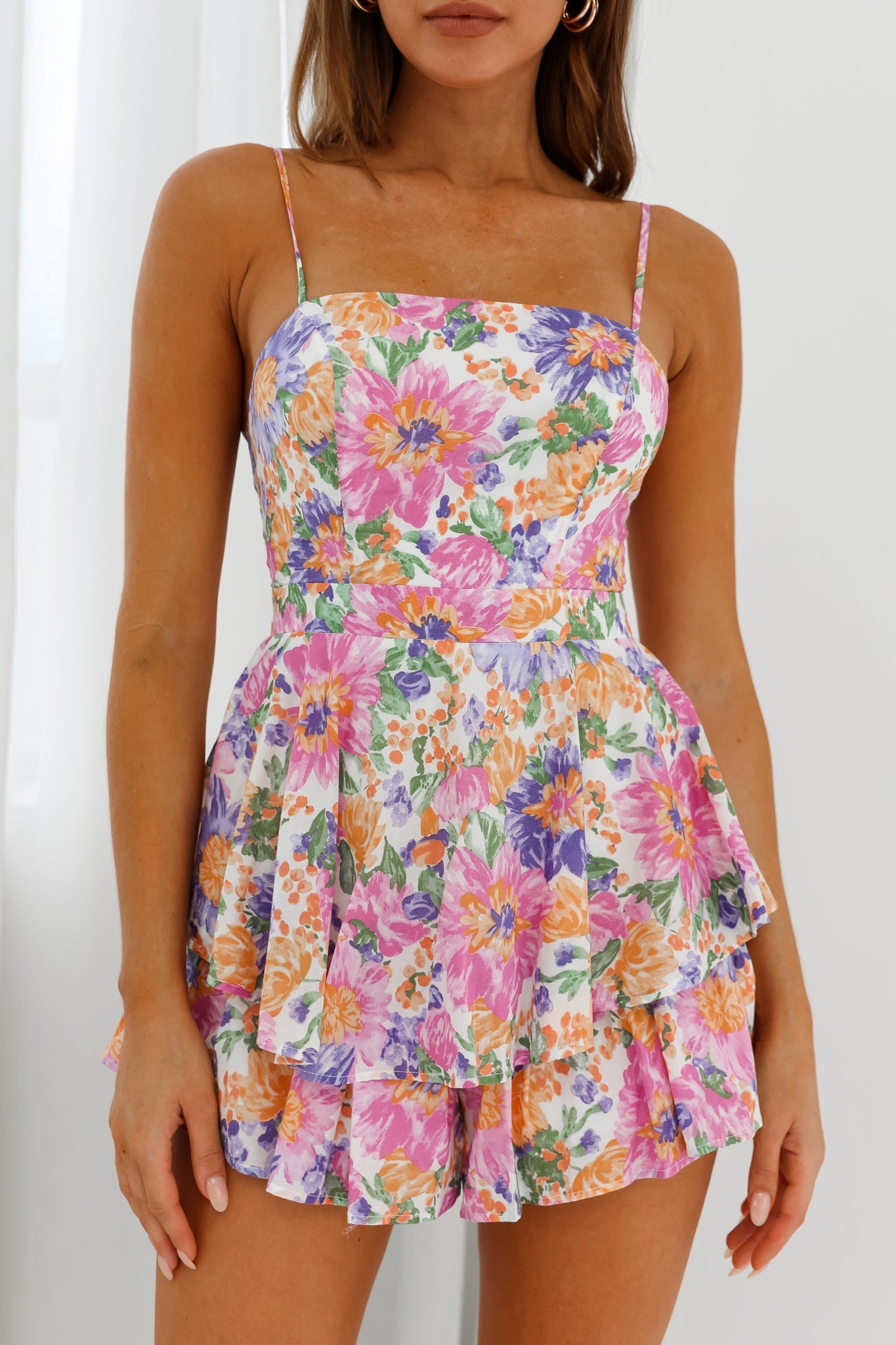 Alexandria Square Neckline Tie Back Romper Flower Print White Multi by Selfie Leslie