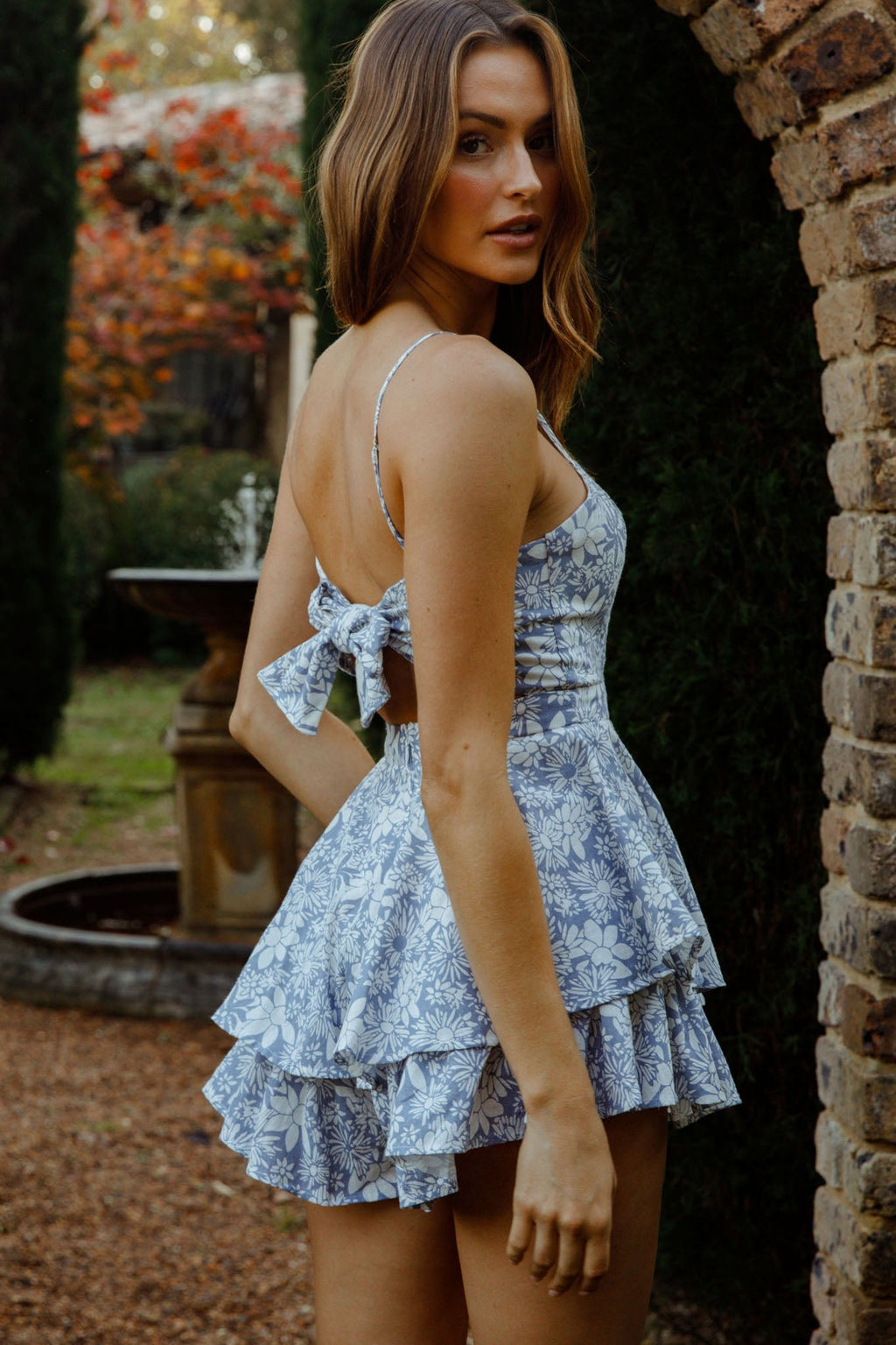 Alexandria Square Neckline Tie Back Romper Floral Steel Blue by Selfie Leslie