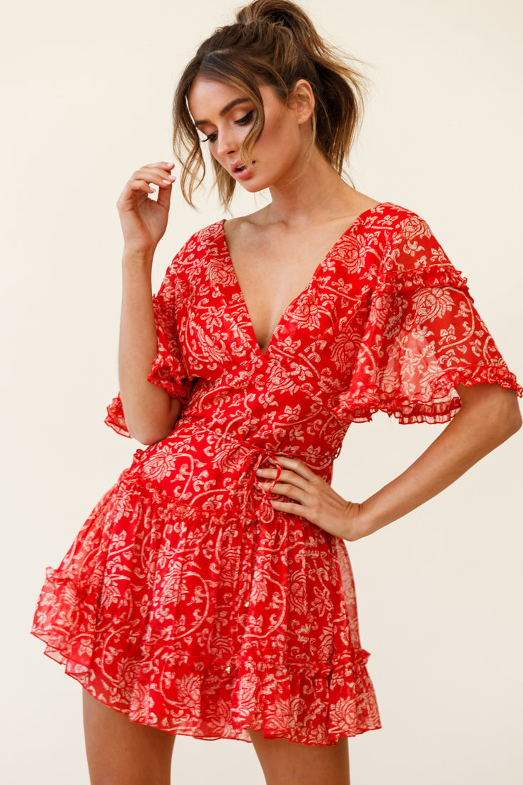Psalm Angel Sleeve Frill Dress Floral Stencil Print Red by Selfie Leslie