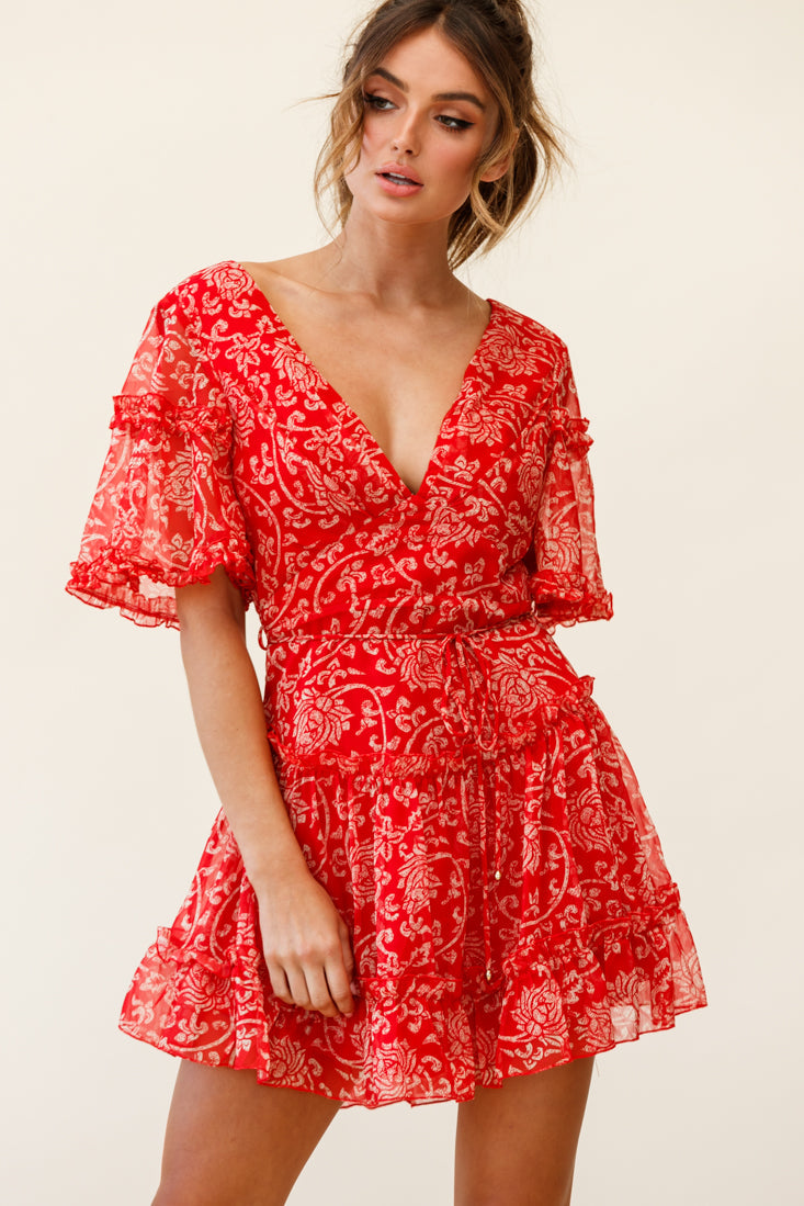 Psalm Angel Sleeve Frill Dress Floral Stencil Print Red by Selfie Leslie