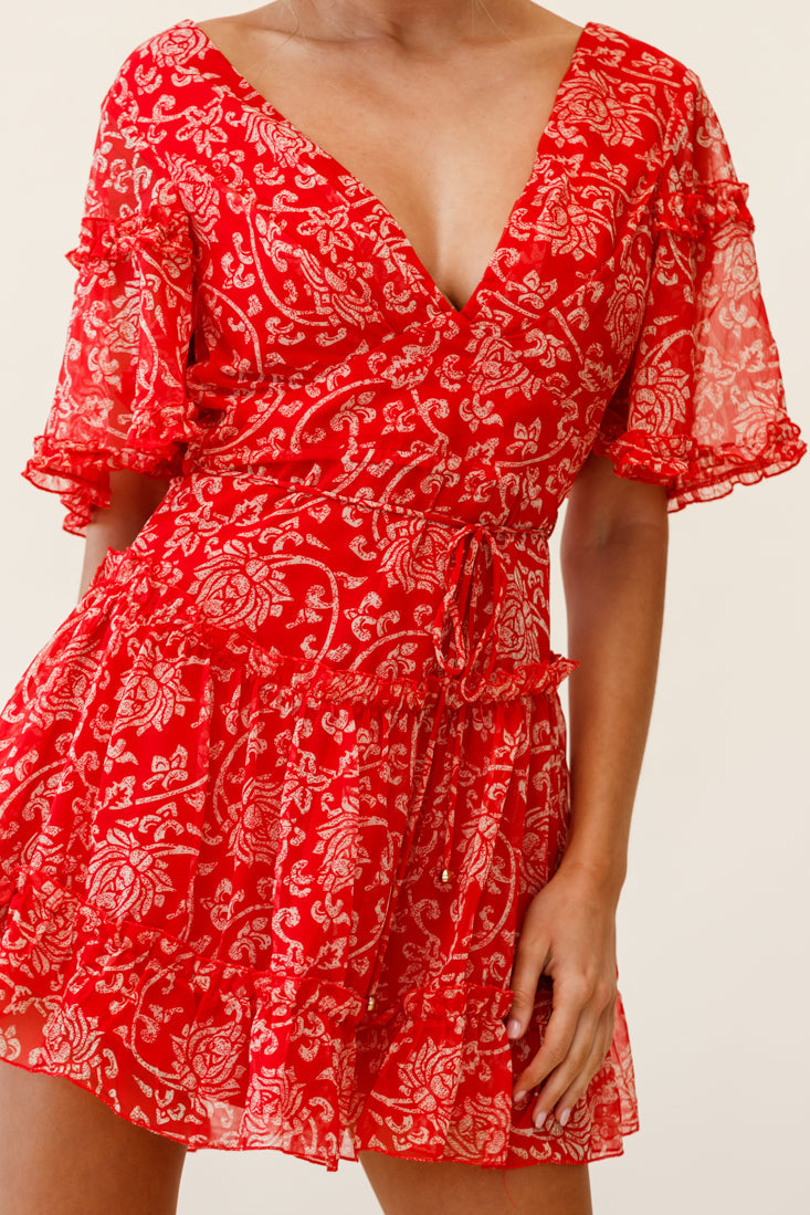 Psalm Angel Sleeve Frill Dress Floral Stencil Print Red by Selfie Leslie