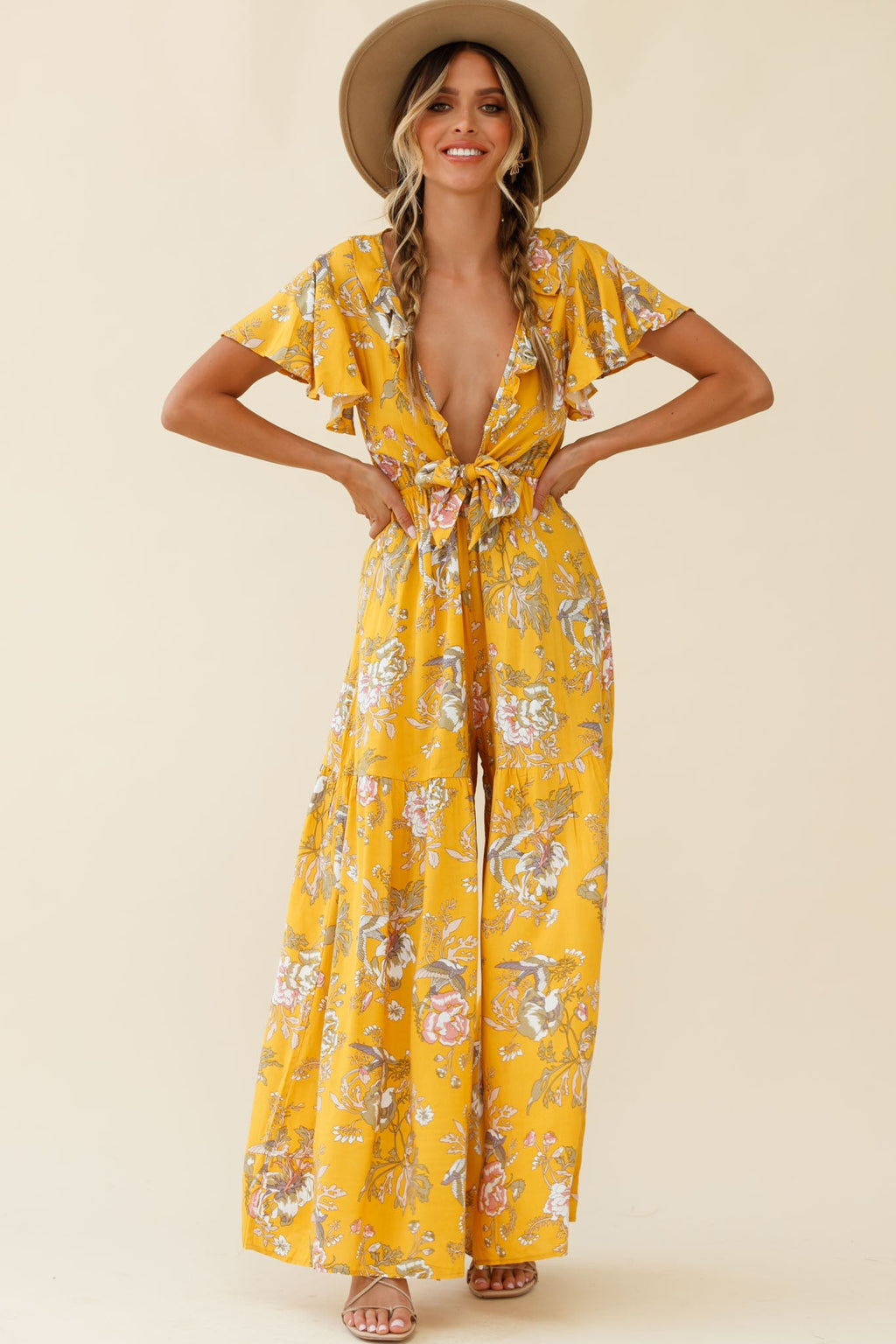 Kasey Tied Bust Wide Leg Floral Print Jumpsuit Mustard by Selfie Leslie