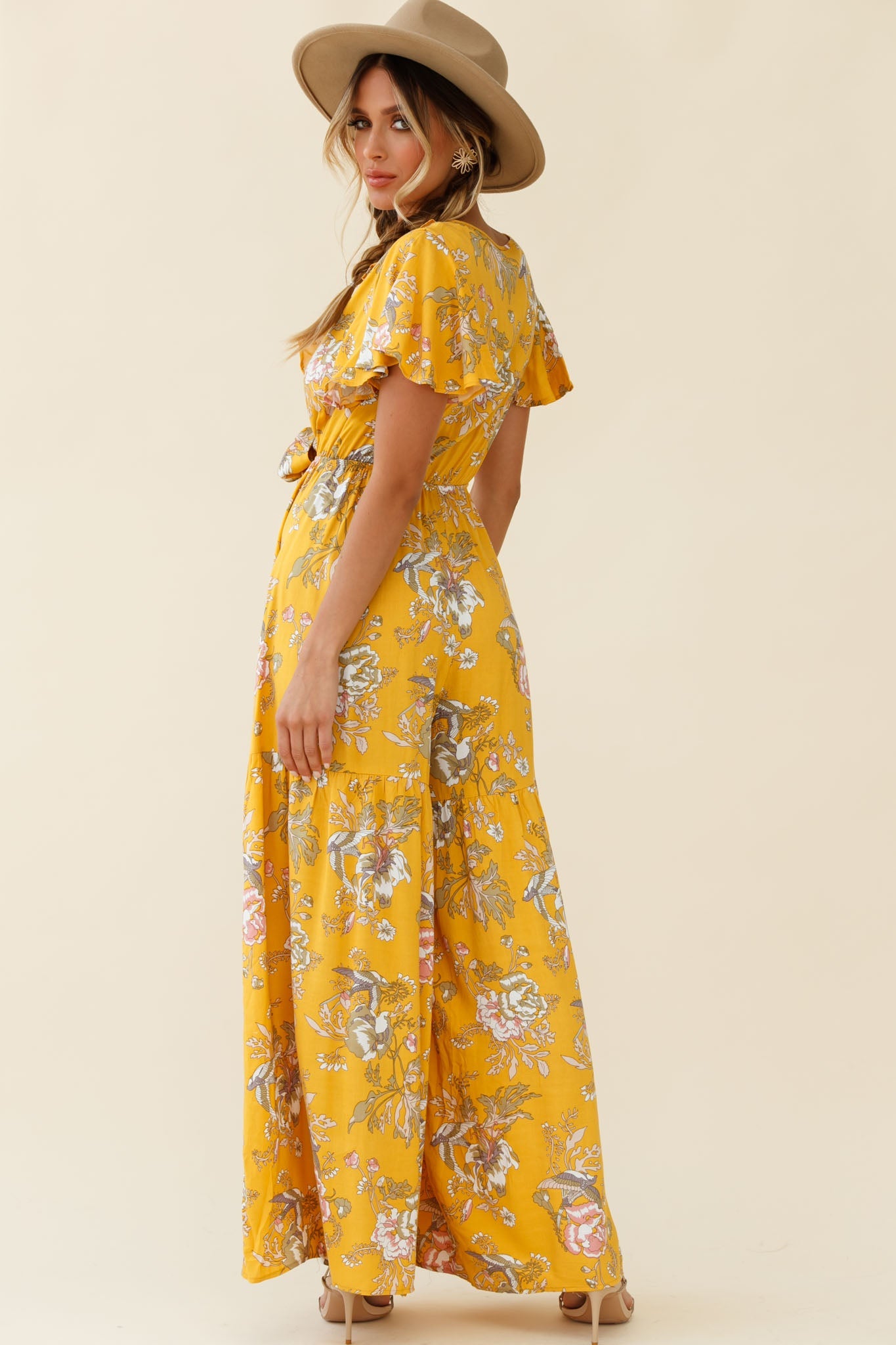 Kasey Tied Bust Wide Leg Floral Print Jumpsuit Mustard by Selfie Leslie