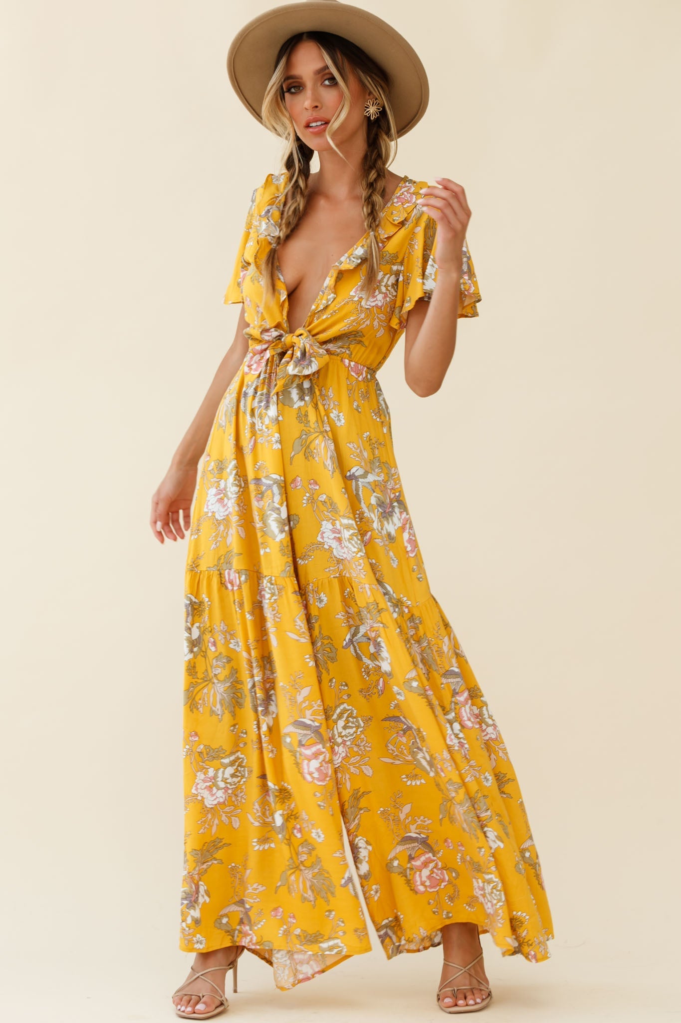 Kasey Tied Bust Wide Leg Floral Print Jumpsuit Mustard by Selfie Leslie