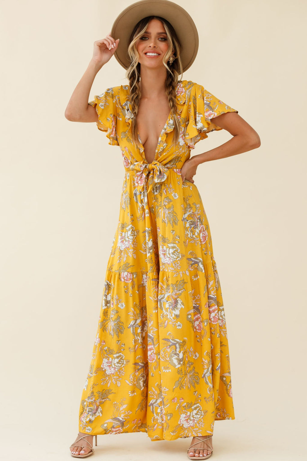 Kasey Tied Bust Wide Leg Floral Print Jumpsuit Mustard by Selfie Leslie