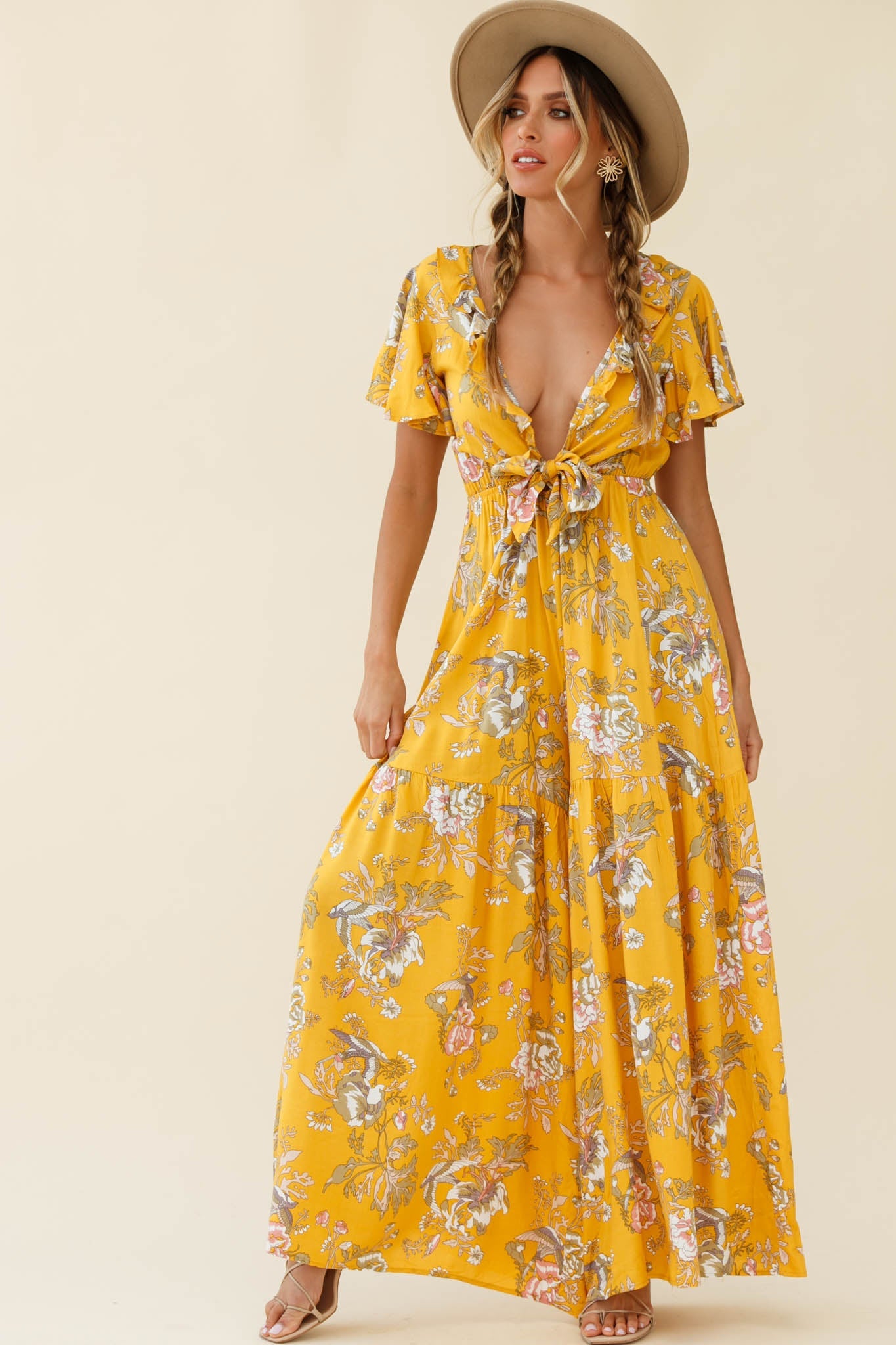 Kasey Tied Bust Wide Leg Floral Print Jumpsuit Mustard by Selfie Leslie