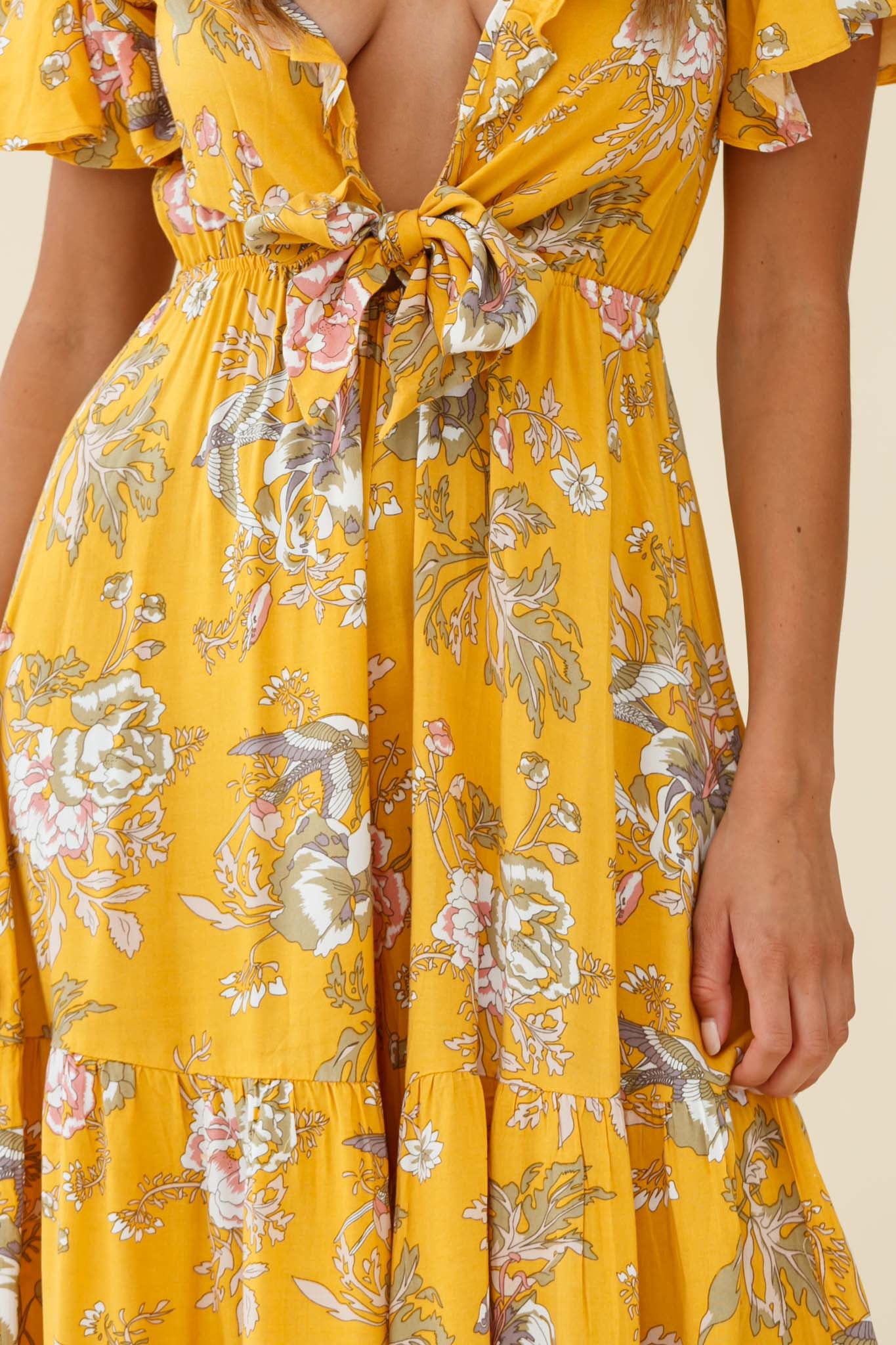 Kasey Tied Bust Wide Leg Floral Print Jumpsuit Mustard by Selfie Leslie