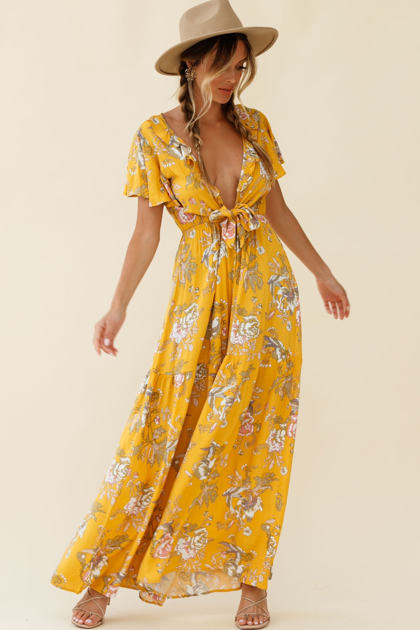 Kasey Tied Bust Wide Leg Floral Print Jumpsuit Mustard by Selfie Leslie