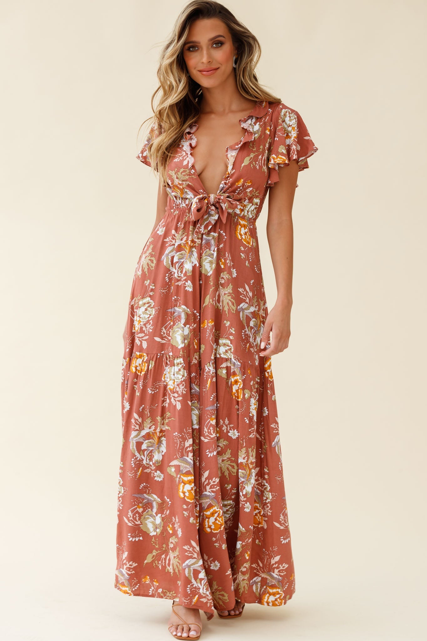 Kasey Tied Bust Wide Leg Floral Print Jumpsuit Rose by Selfie Leslie