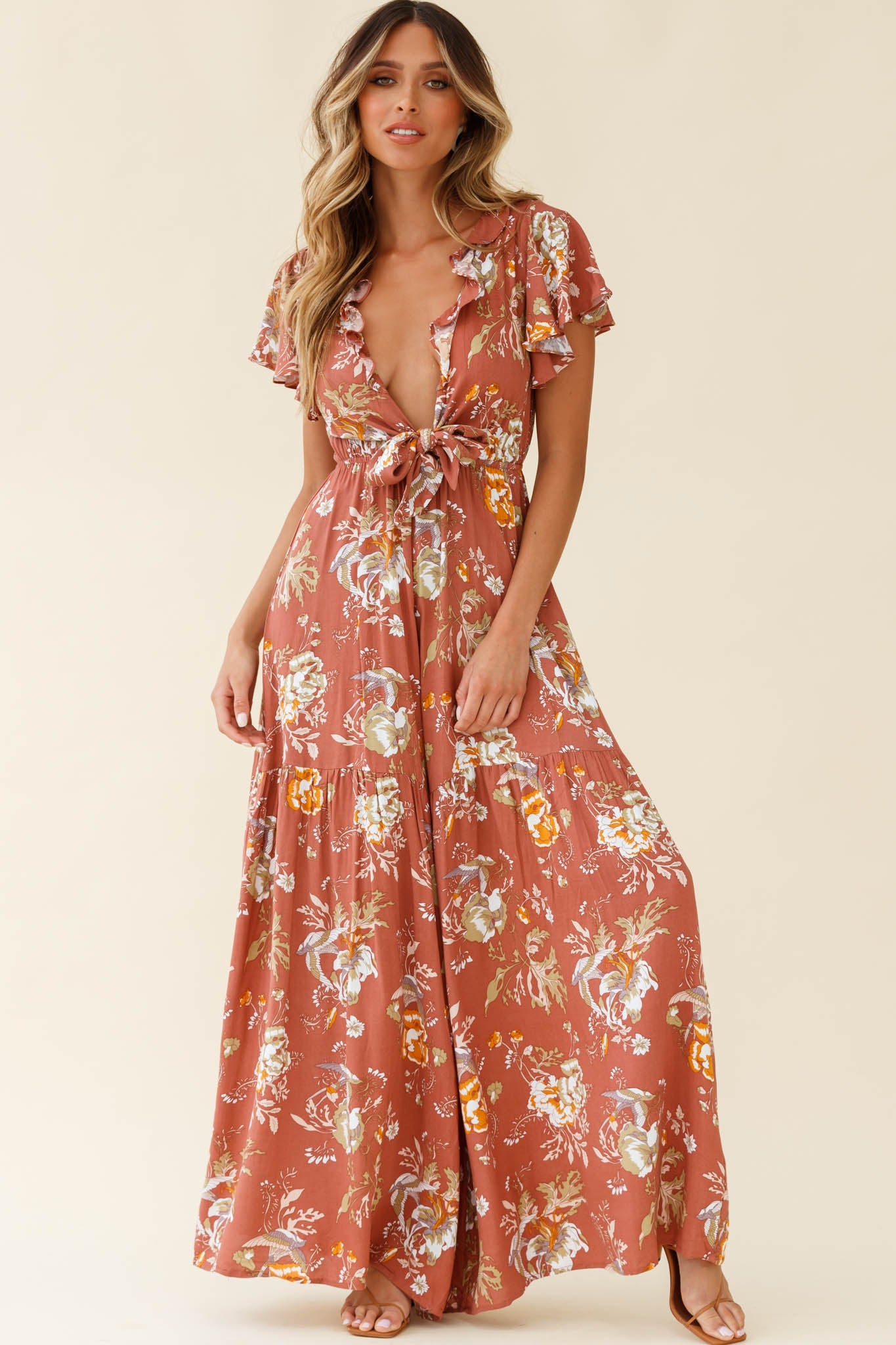 Kasey Tied Bust Wide Leg Floral Print Jumpsuit Rose by Selfie Leslie