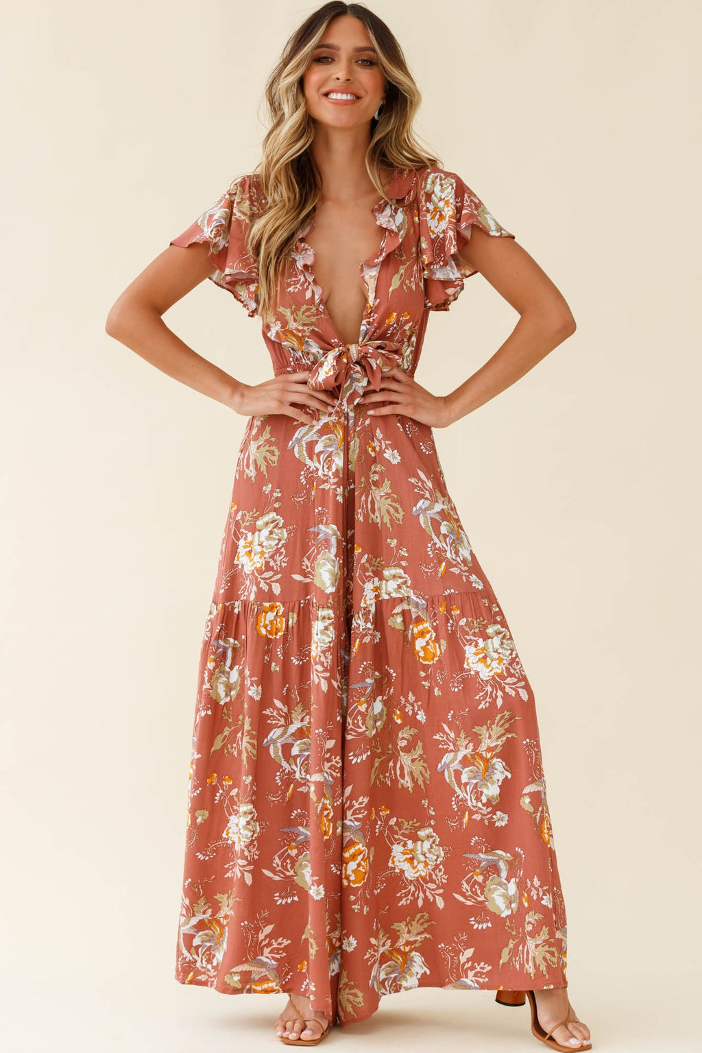 Kasey Tied Bust Wide Leg Floral Print Jumpsuit Rose by Selfie Leslie